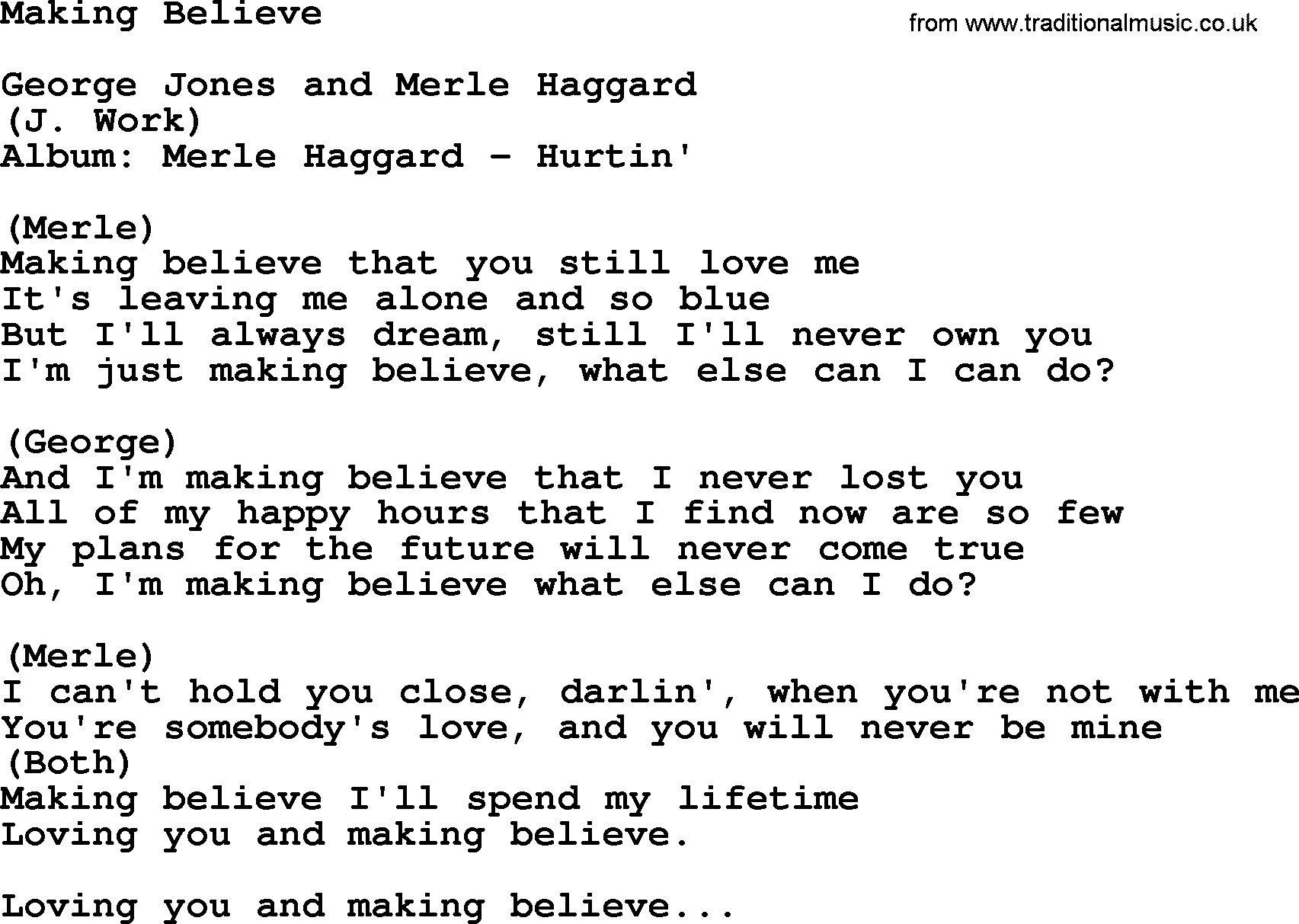 George Jones song: Making Believe, lyrics