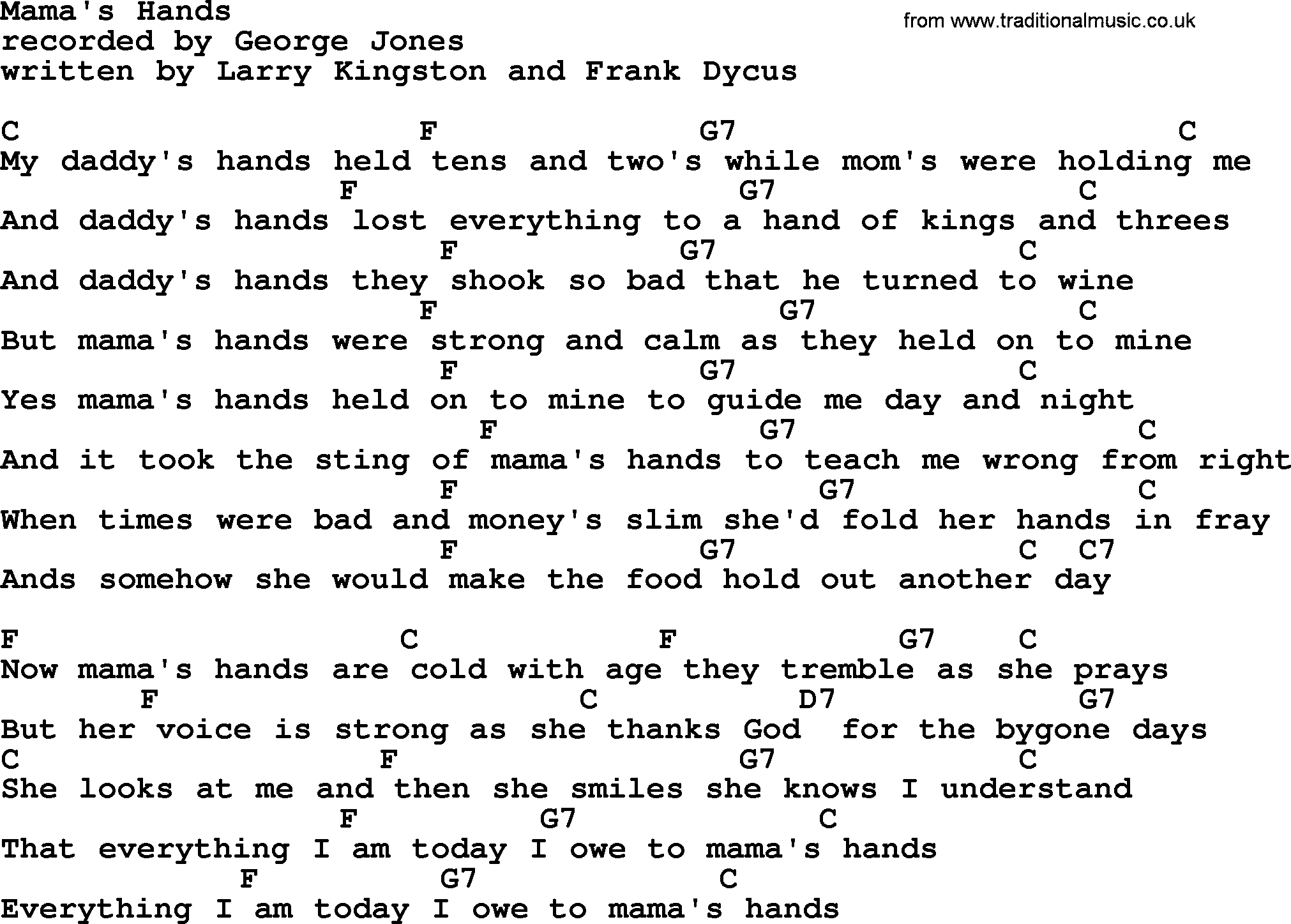 George Jones song: Mama's Hands, lyrics and chords