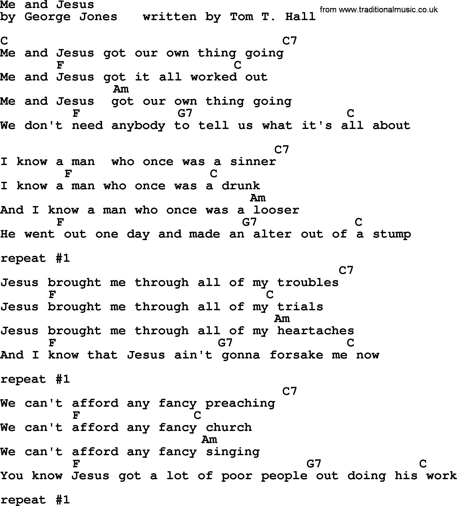George Jones song: Me And Jesus, lyrics and chords