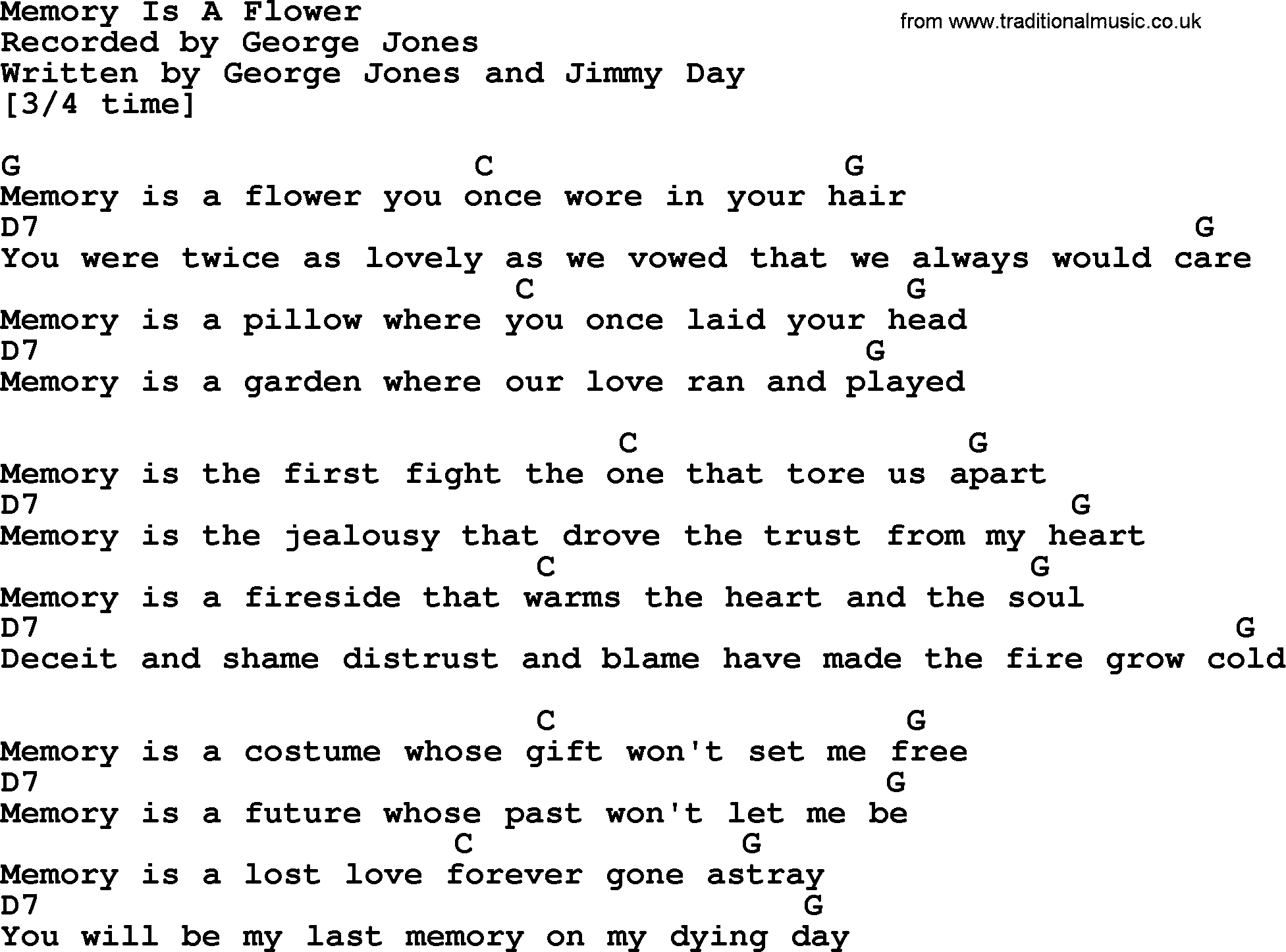 George Jones song: Memory Is A Flower, lyrics and chords