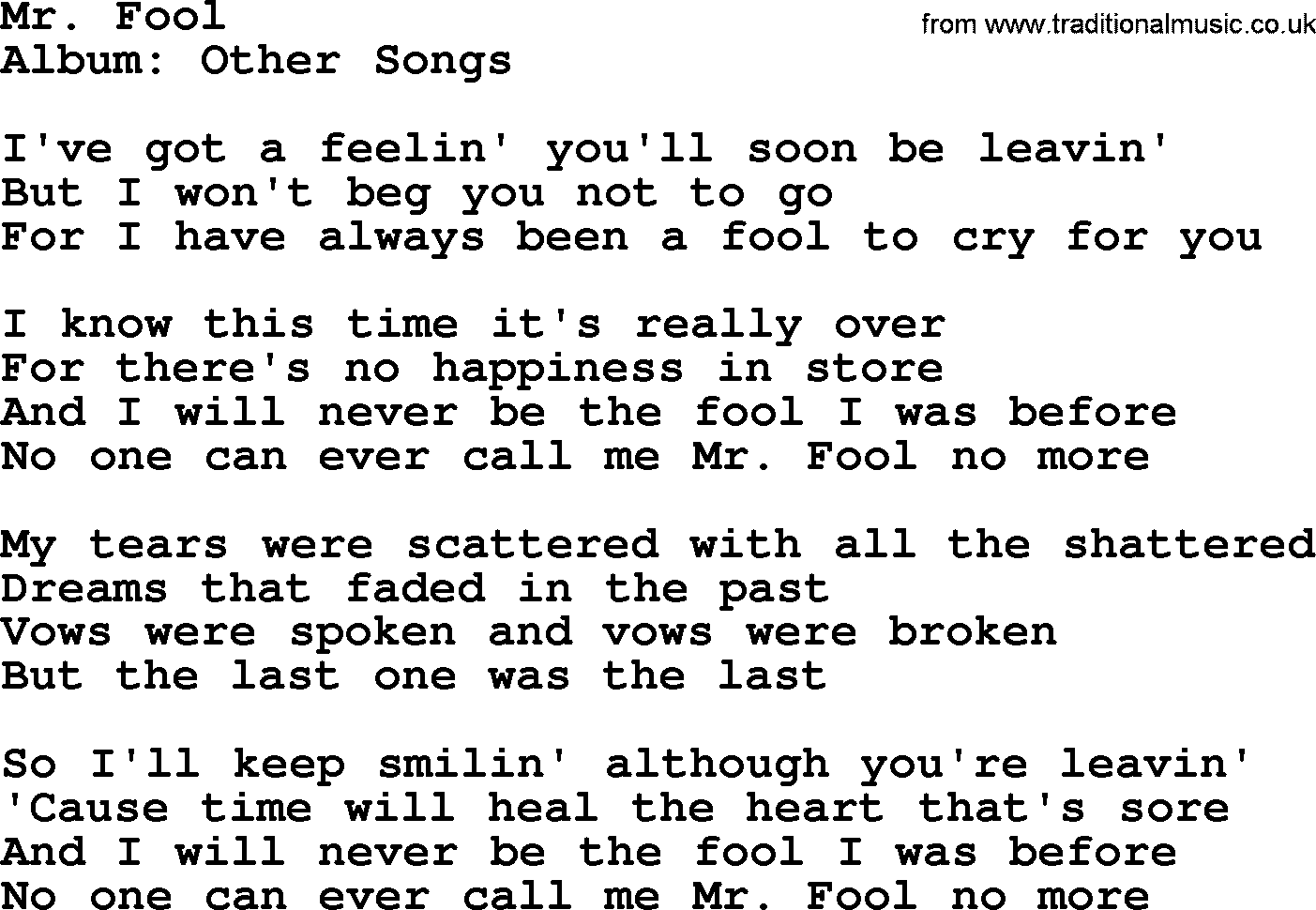 George Jones song: Mr. Fool, lyrics