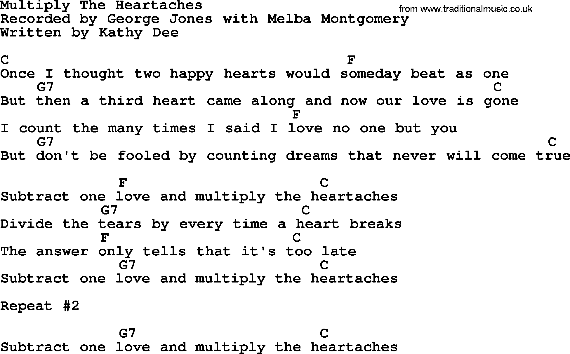 George Jones song: Multiply The Heartaches, lyrics and chords