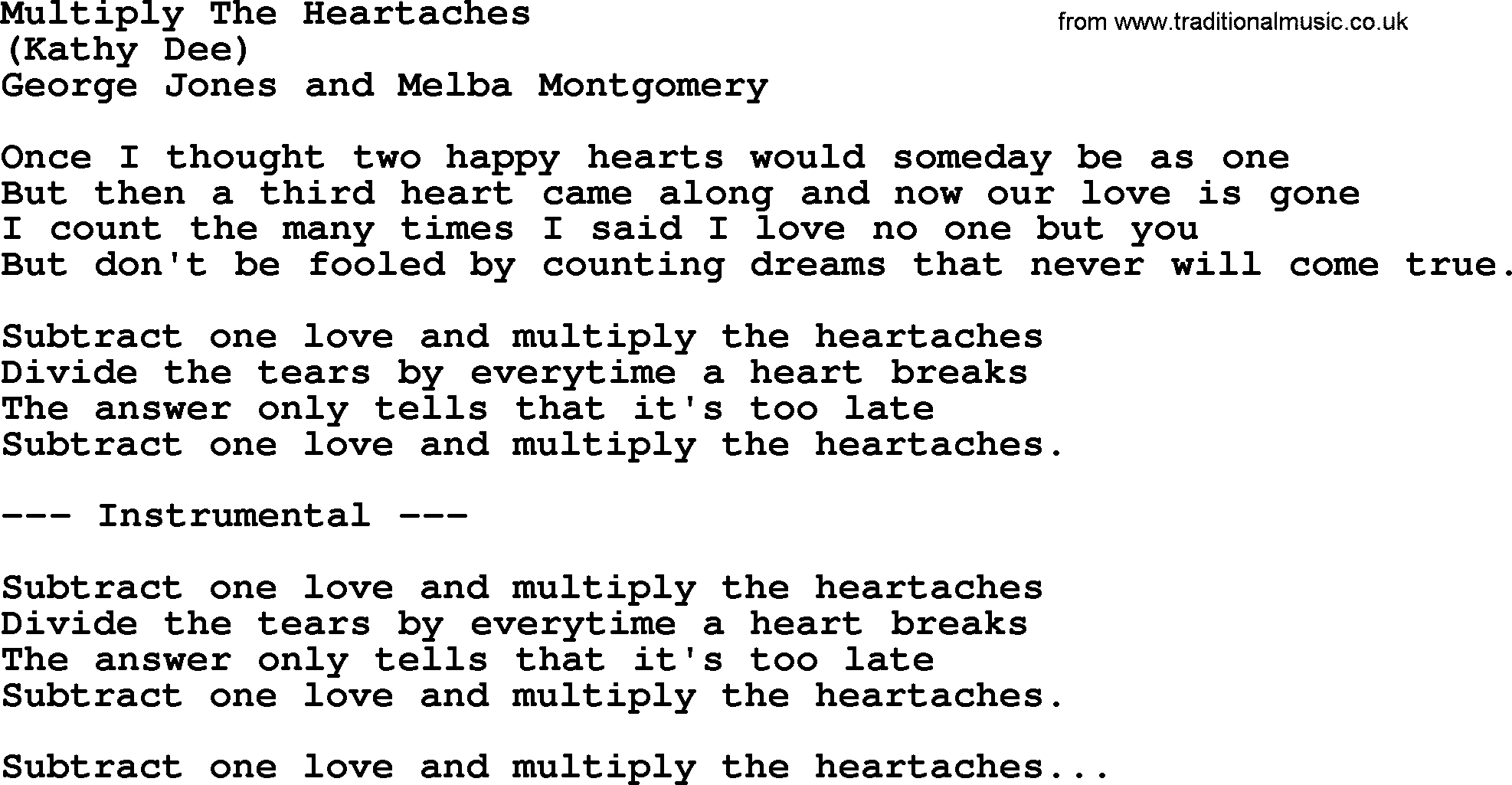George Jones song: Multiply The Heartaches, lyrics