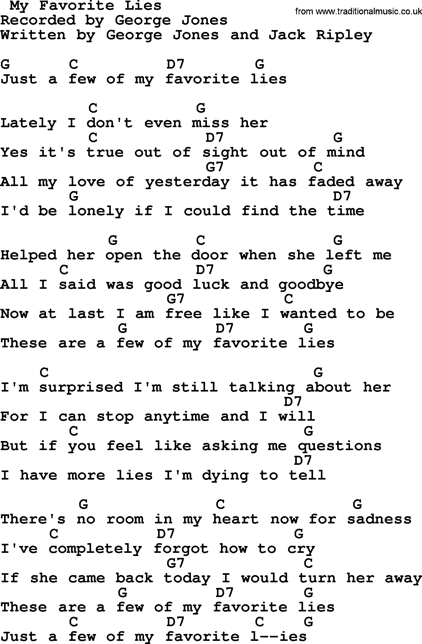 George Jones song: My Favorite Lies, lyrics and chords
