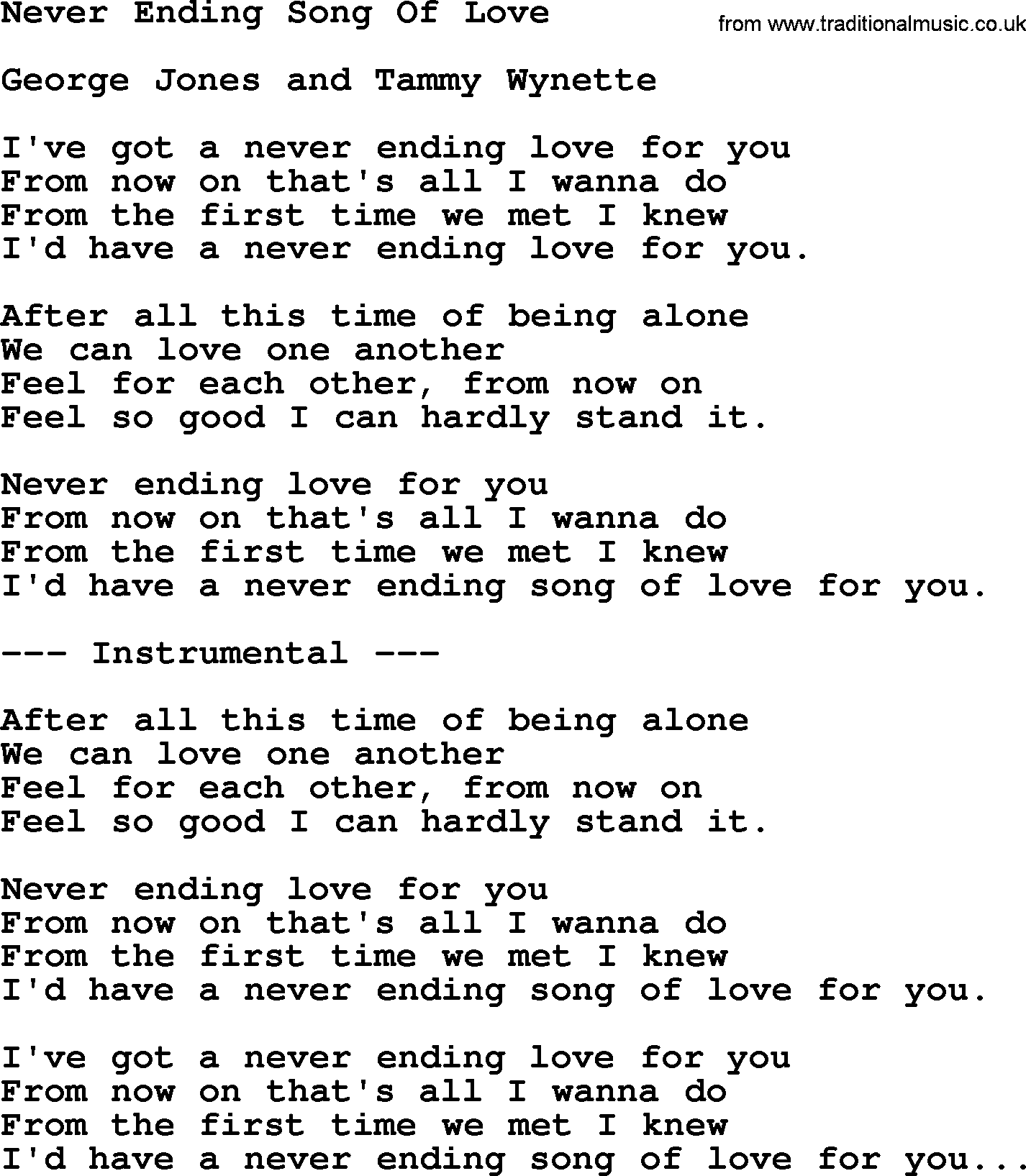 George Jones song: Never Ending Song Of Love, lyrics