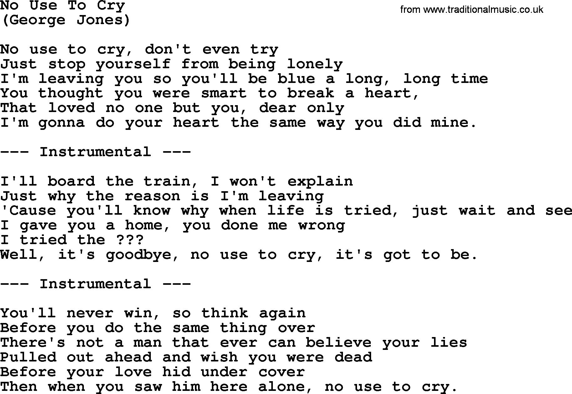 George Jones song: No Use To Cry, lyrics