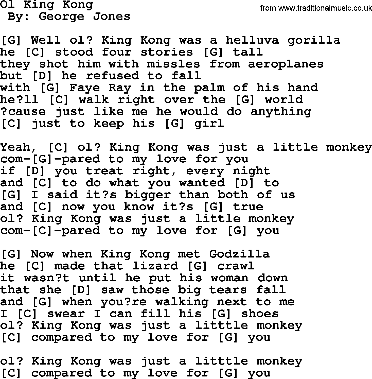 George Jones song: Ol King Kong, lyrics and chords