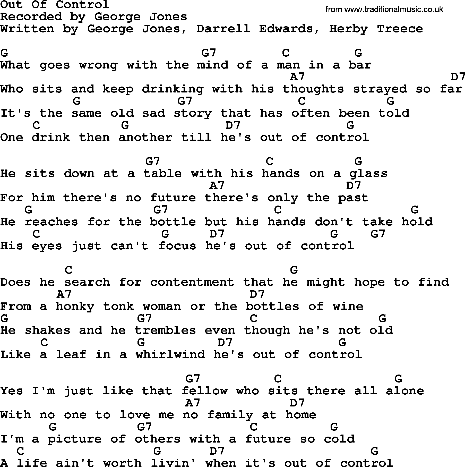 George Jones song: Out Of Control, lyrics and chords
