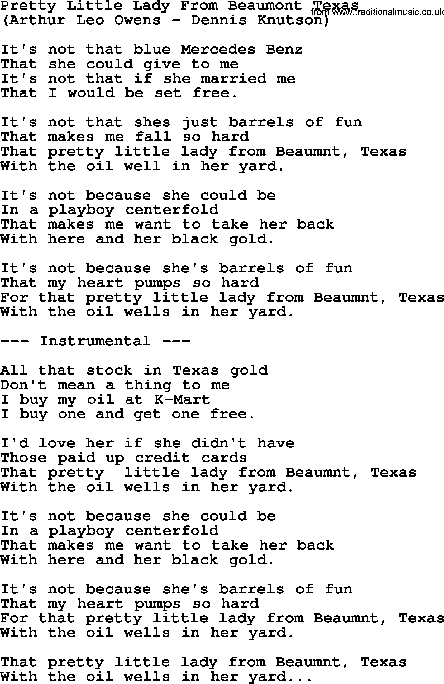 George Jones song: Pretty Little Lady From Beaumont Texas, lyrics