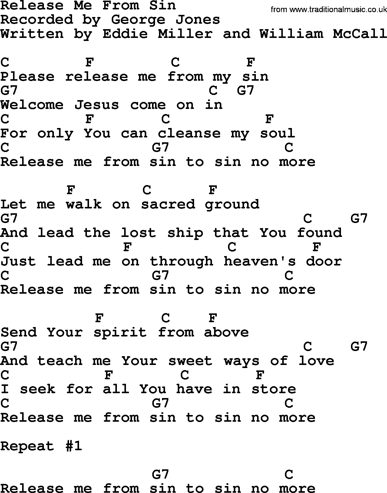 George Jones song: Release Me From Sin, lyrics and chords