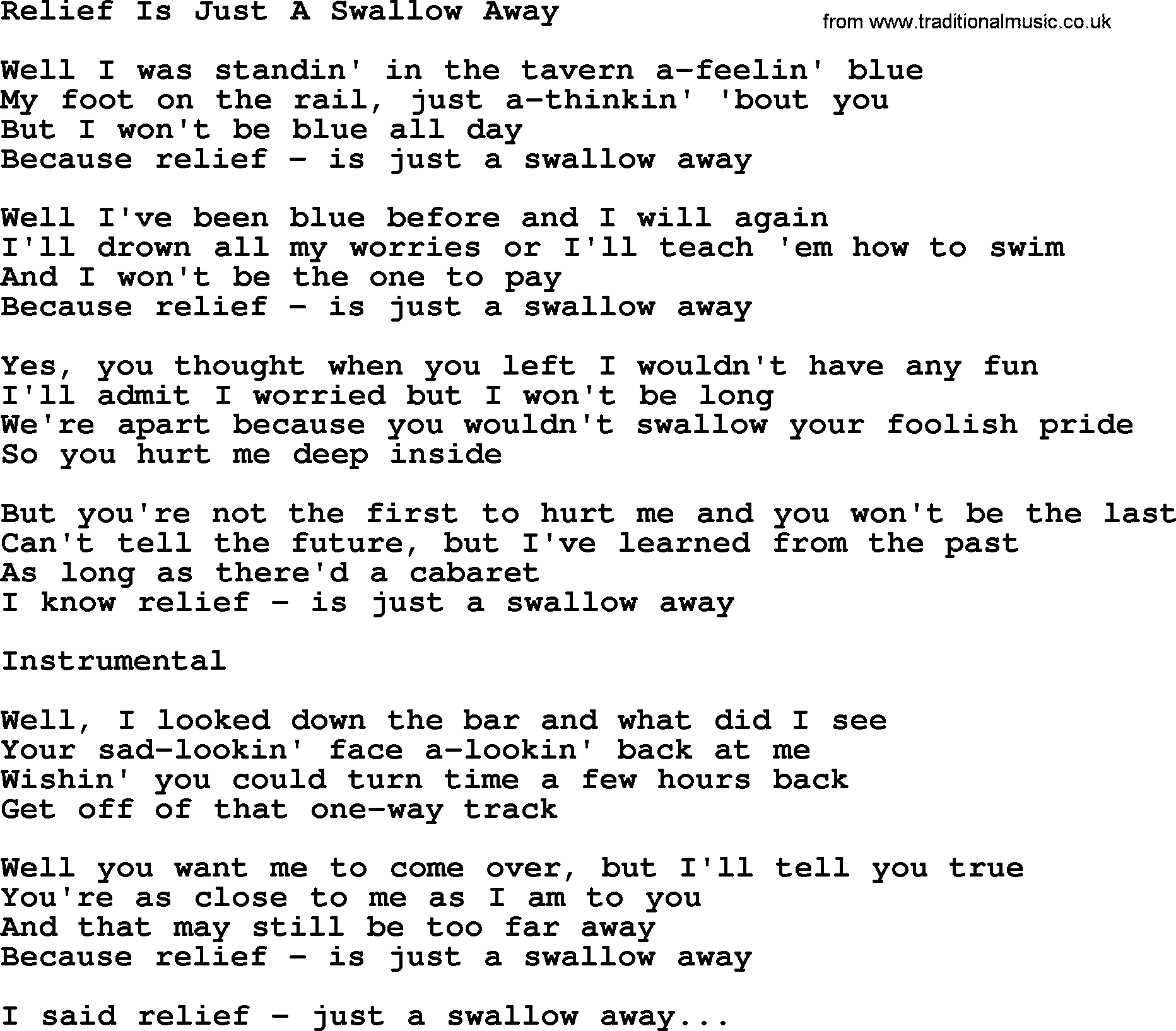 George Jones song: Relief Is Just A Swallow Away, lyrics