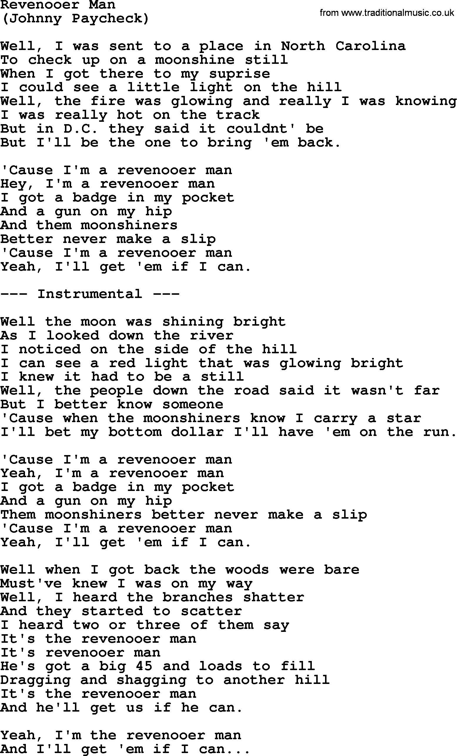 George Jones song: Revenooer Man, lyrics