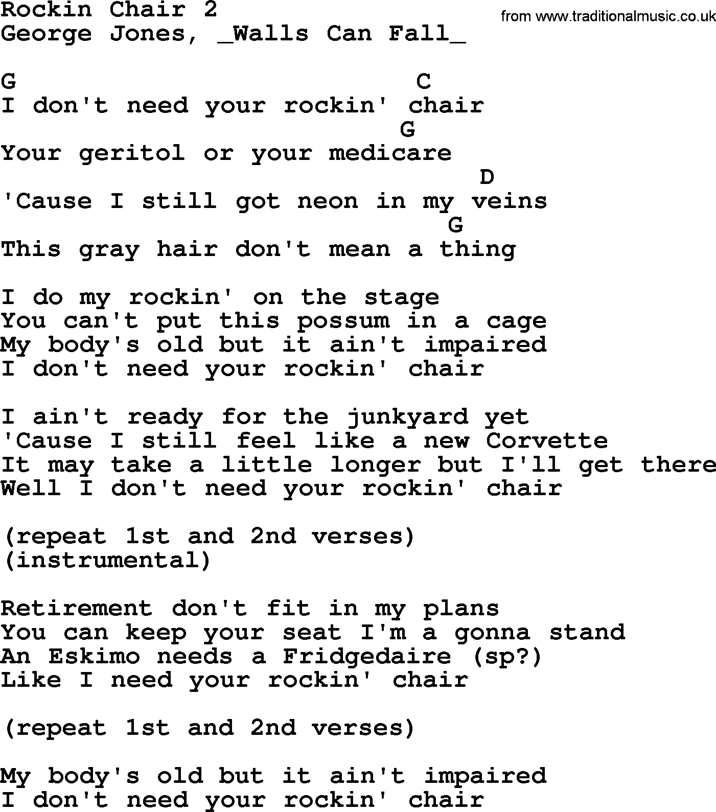 George Jones song: Rockin Chair 2, lyrics and chords