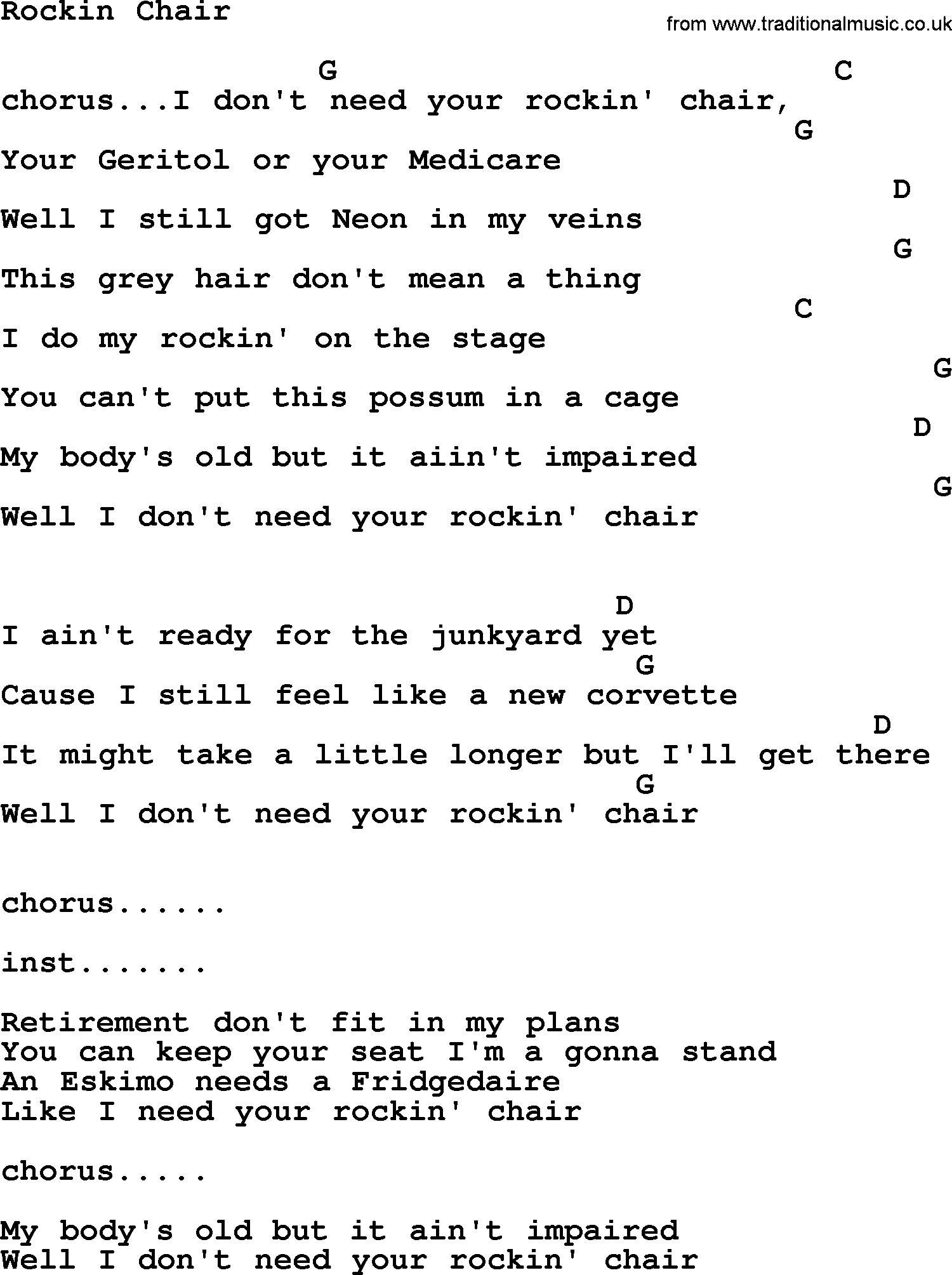 George Jones song: Rockin Chair, lyrics and chords