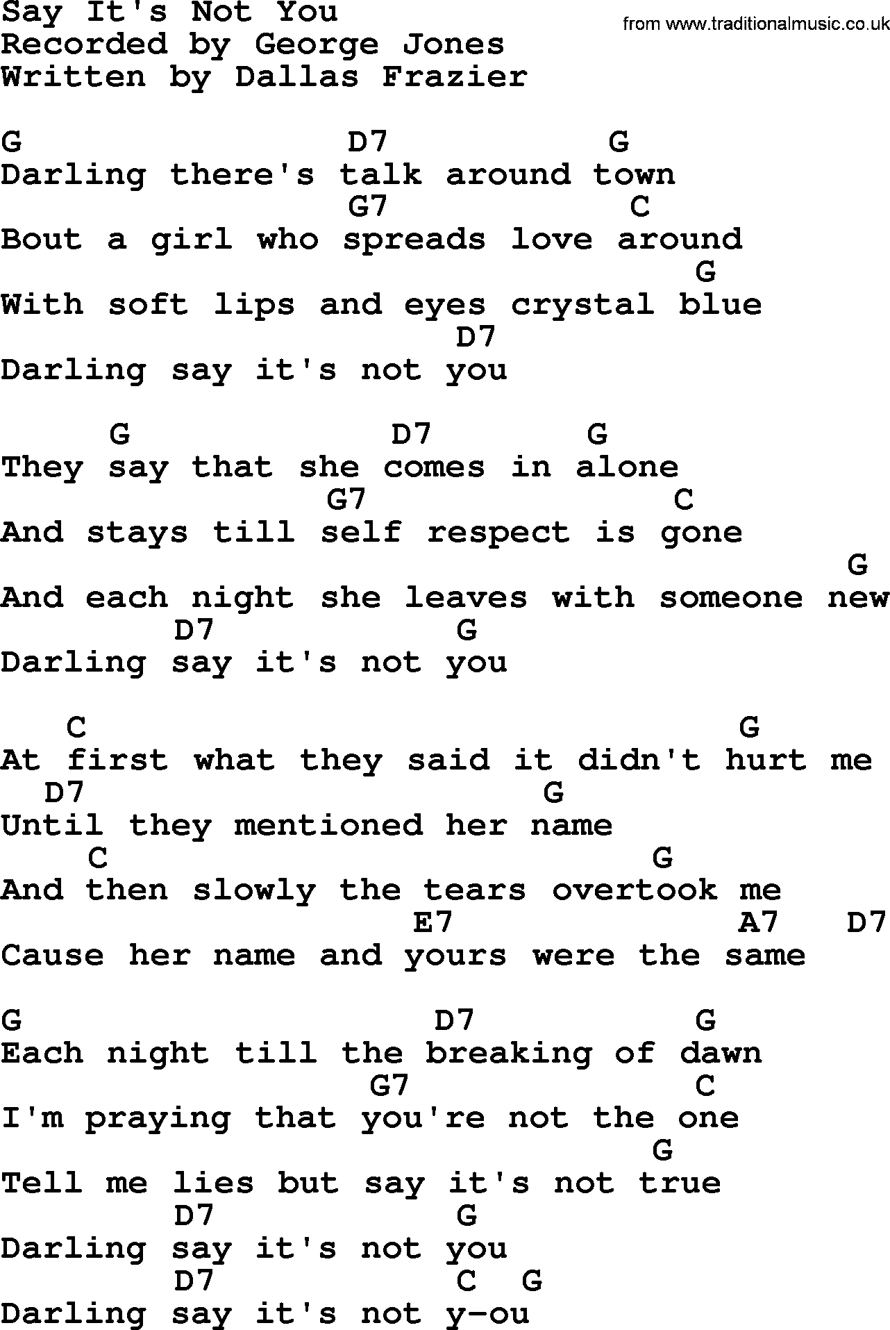 George Jones song: Say It's Not You, lyrics and chords
