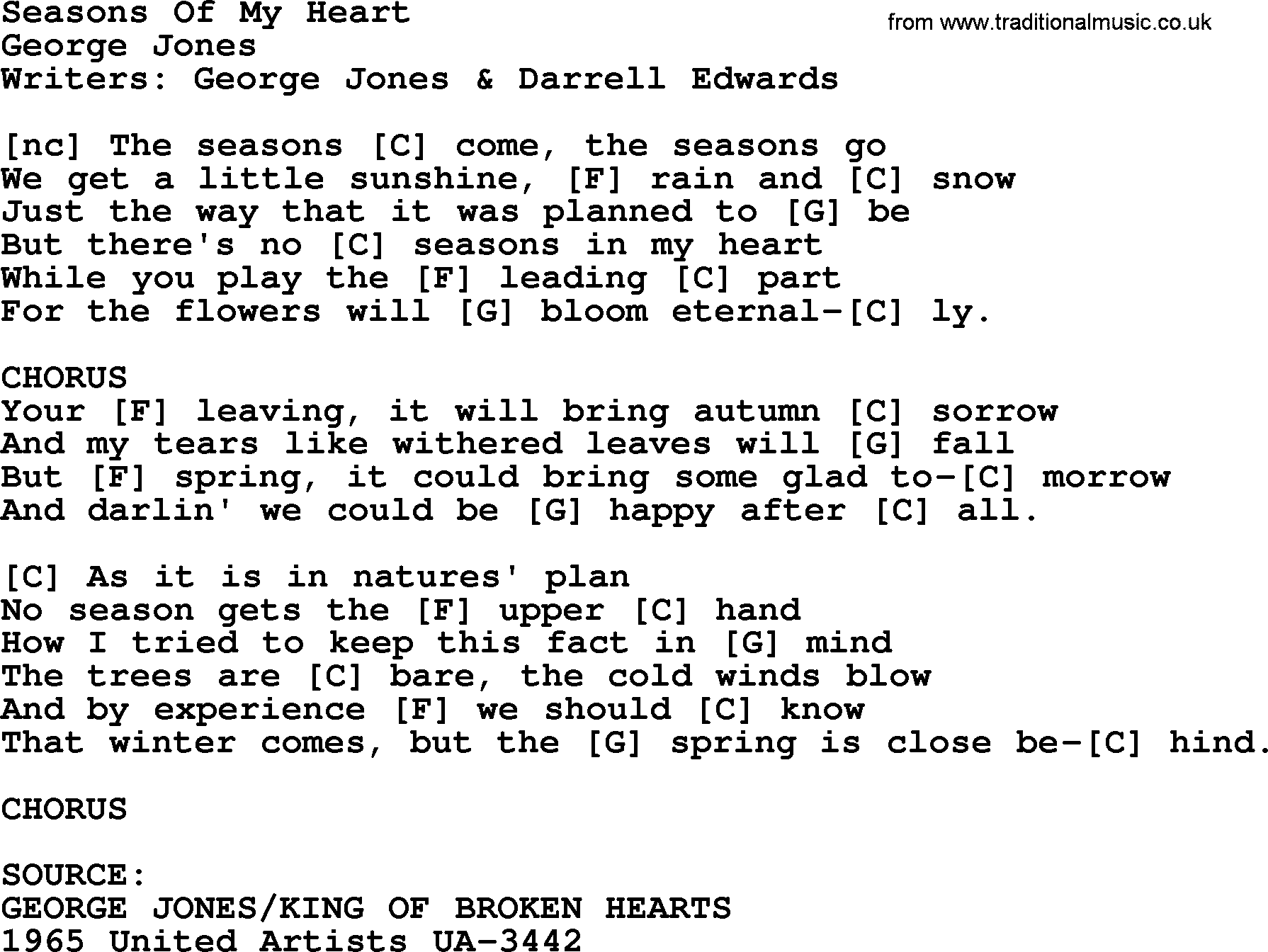 George Jones song: Seasons Of My Heart, lyrics and chords