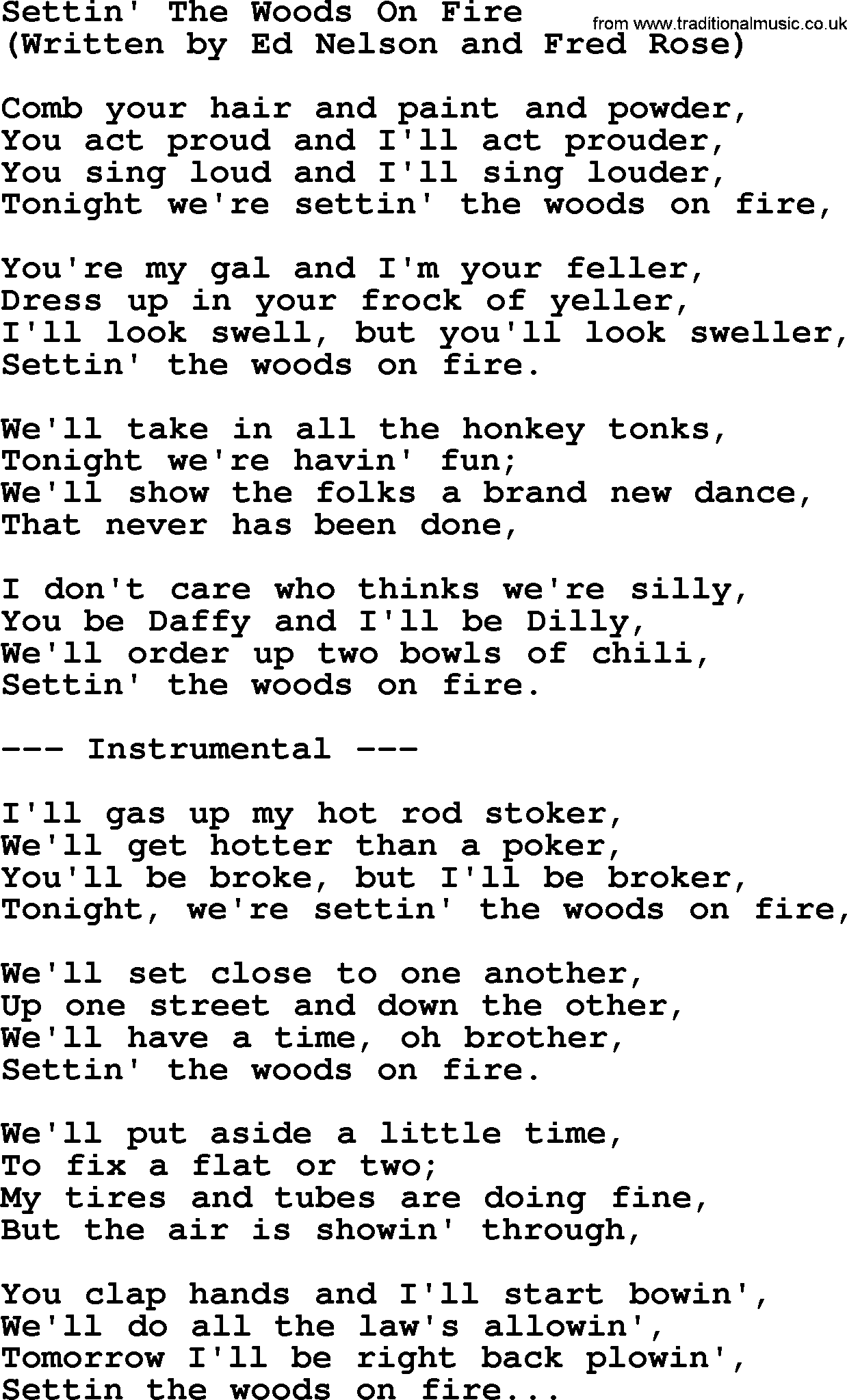 George Jones song: Settin' The Woods On Fire, lyrics