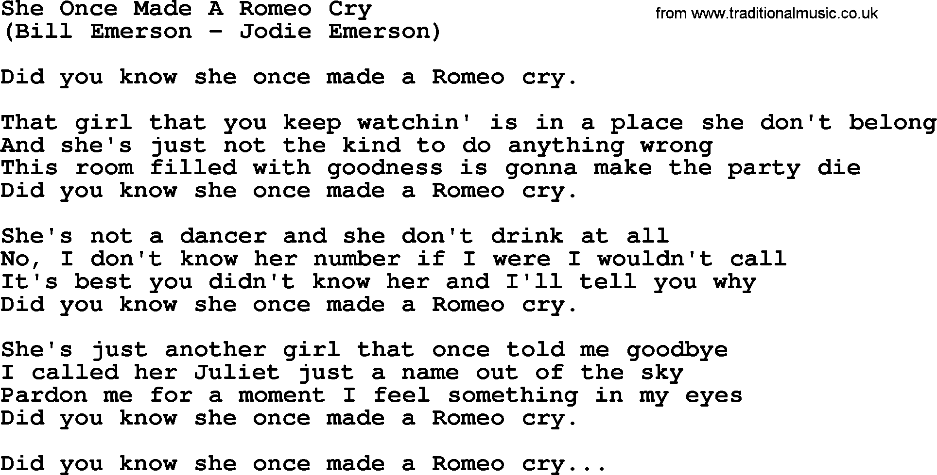 George Jones song: She Once Made A Romeo Cry, lyrics