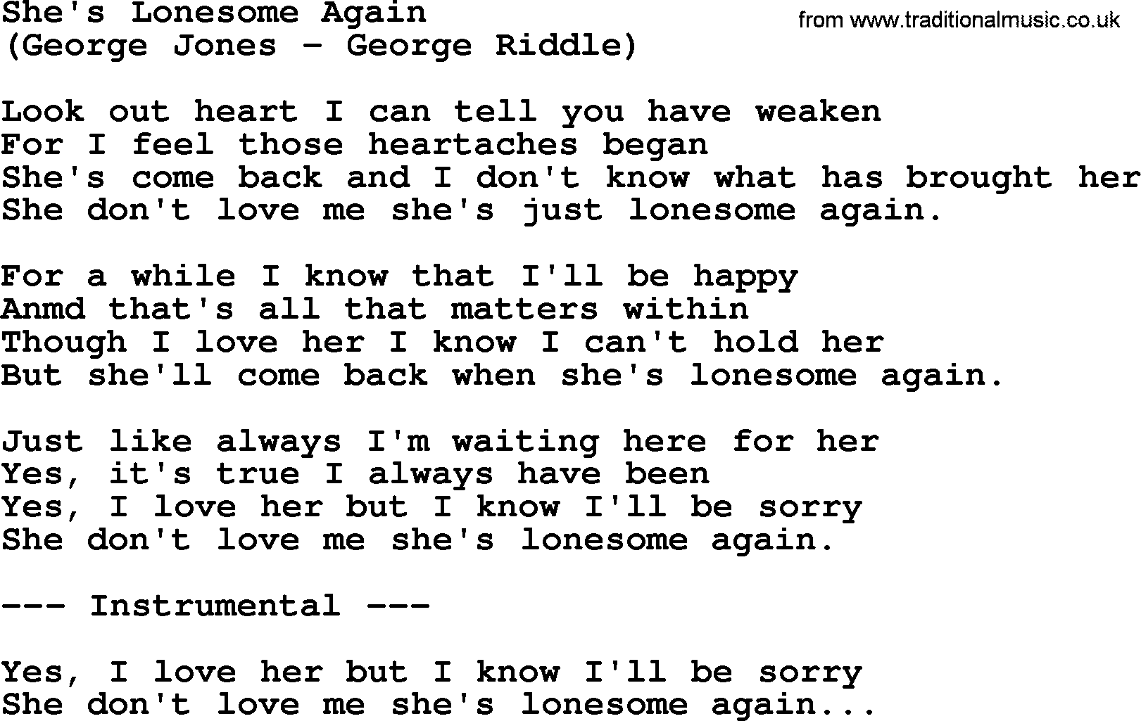 George Jones song: She's Lonesome Again, lyrics