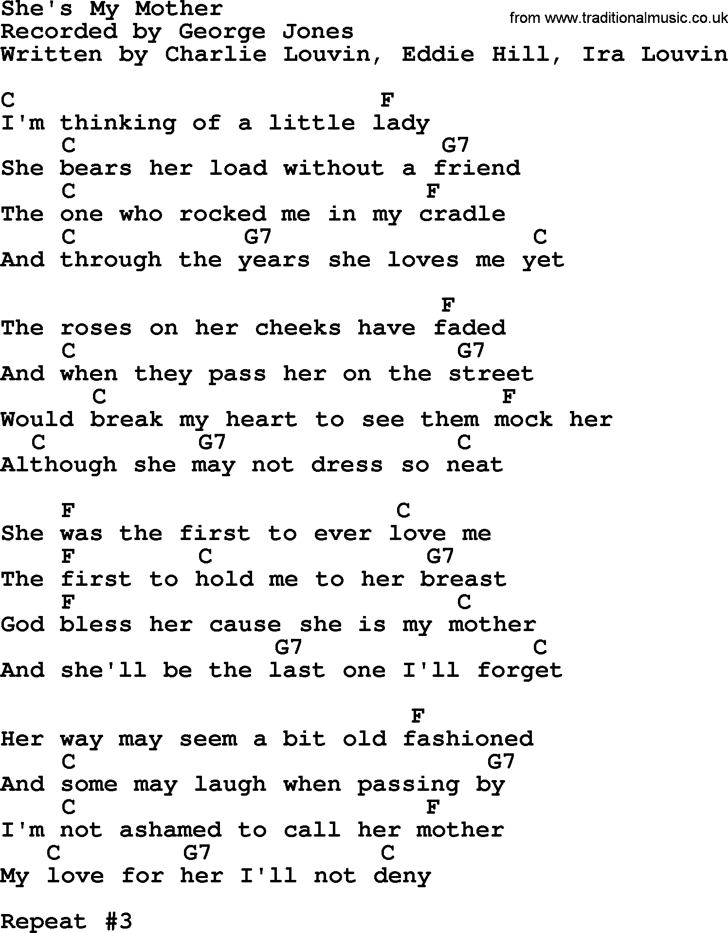 George Jones song: She's My Mother, lyrics and chords