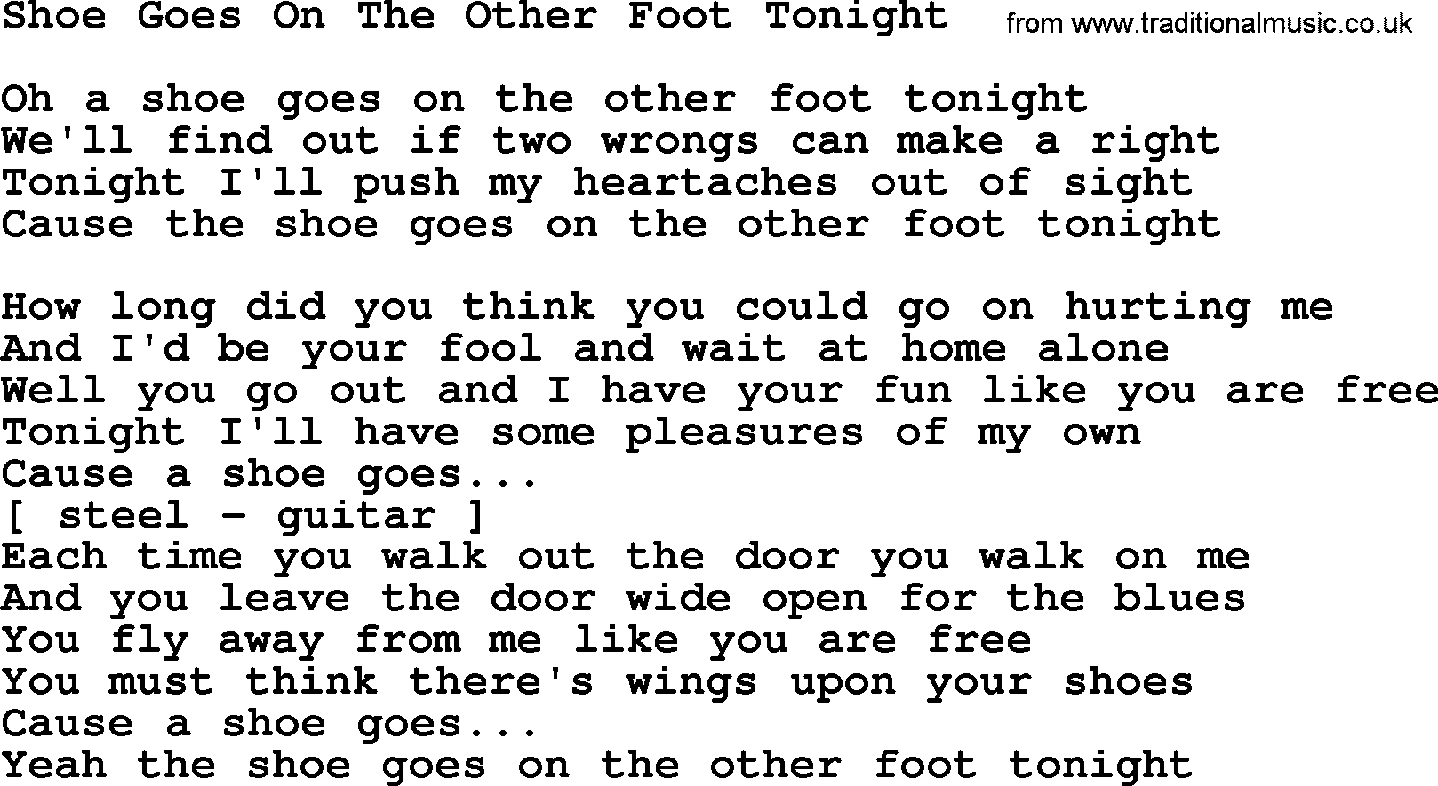George Jones song: Shoe Goes On The Other Foot Tonight, lyrics