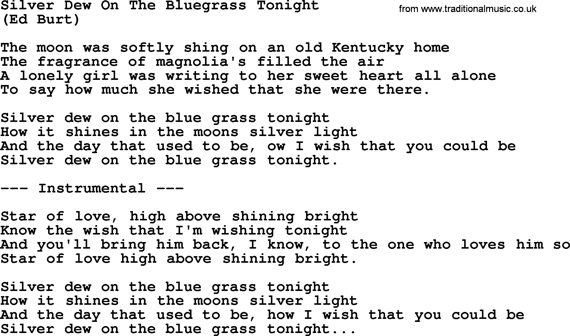 George Jones song: Silver Dew On The Bluegrass Tonight, lyrics