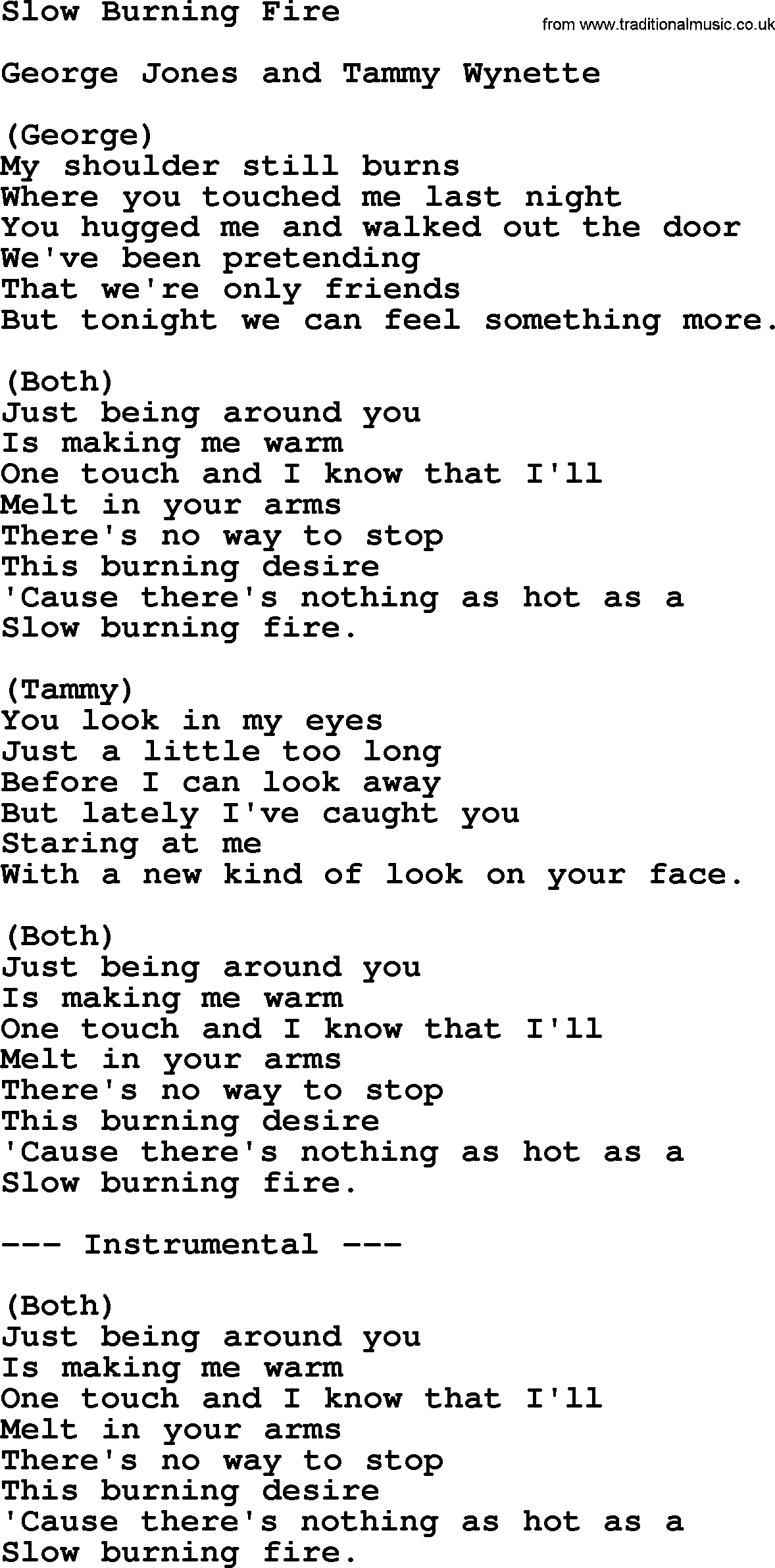 George Jones song: Slow Burning Fire, lyrics
