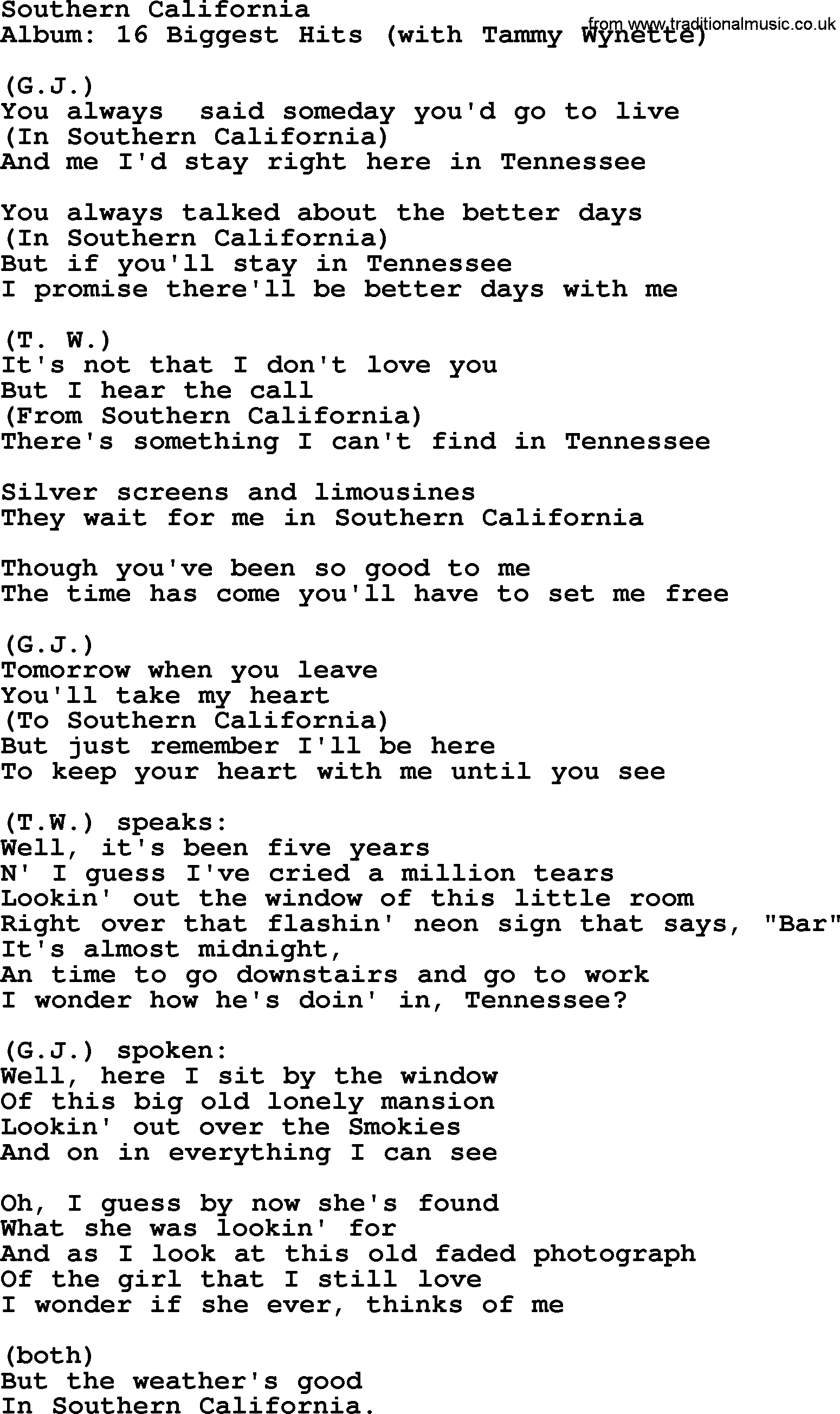 George Jones song: Southern California, lyrics