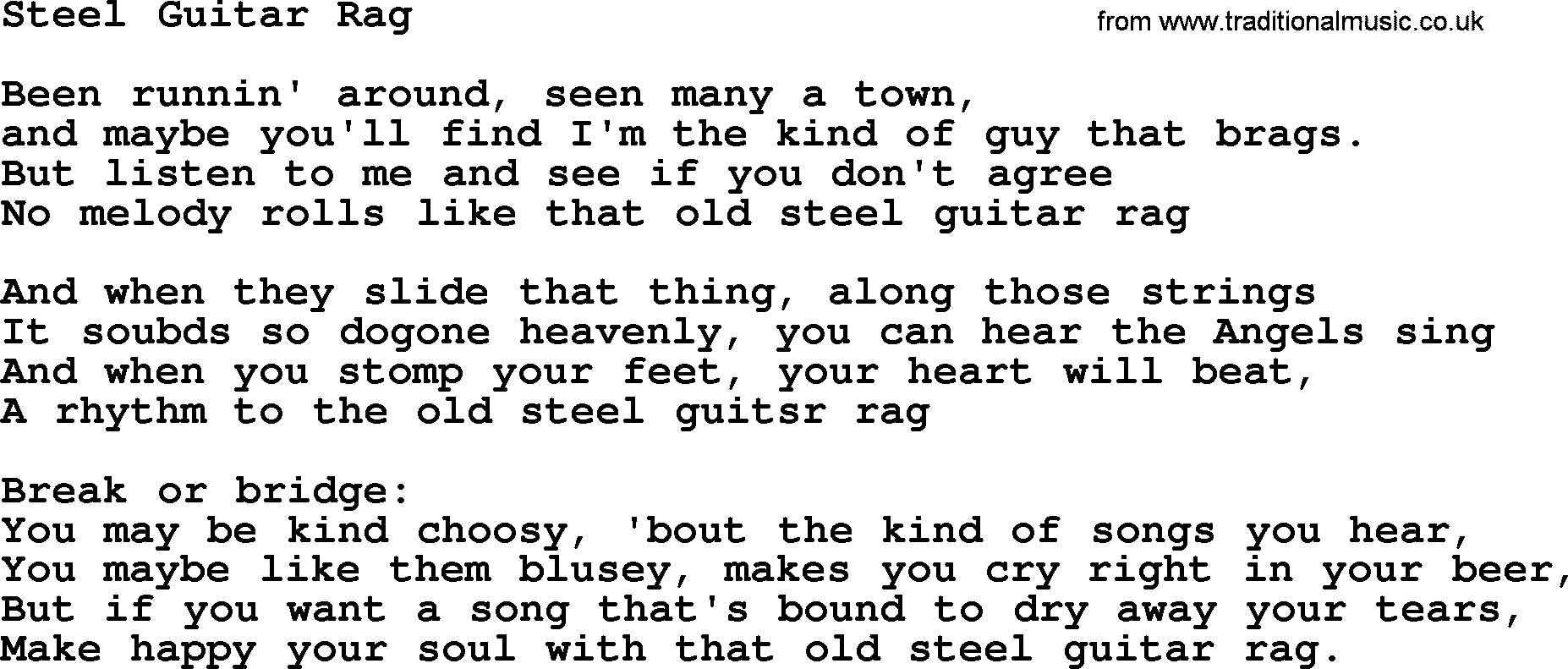 George Jones song: Steel Guitar Rag, lyrics