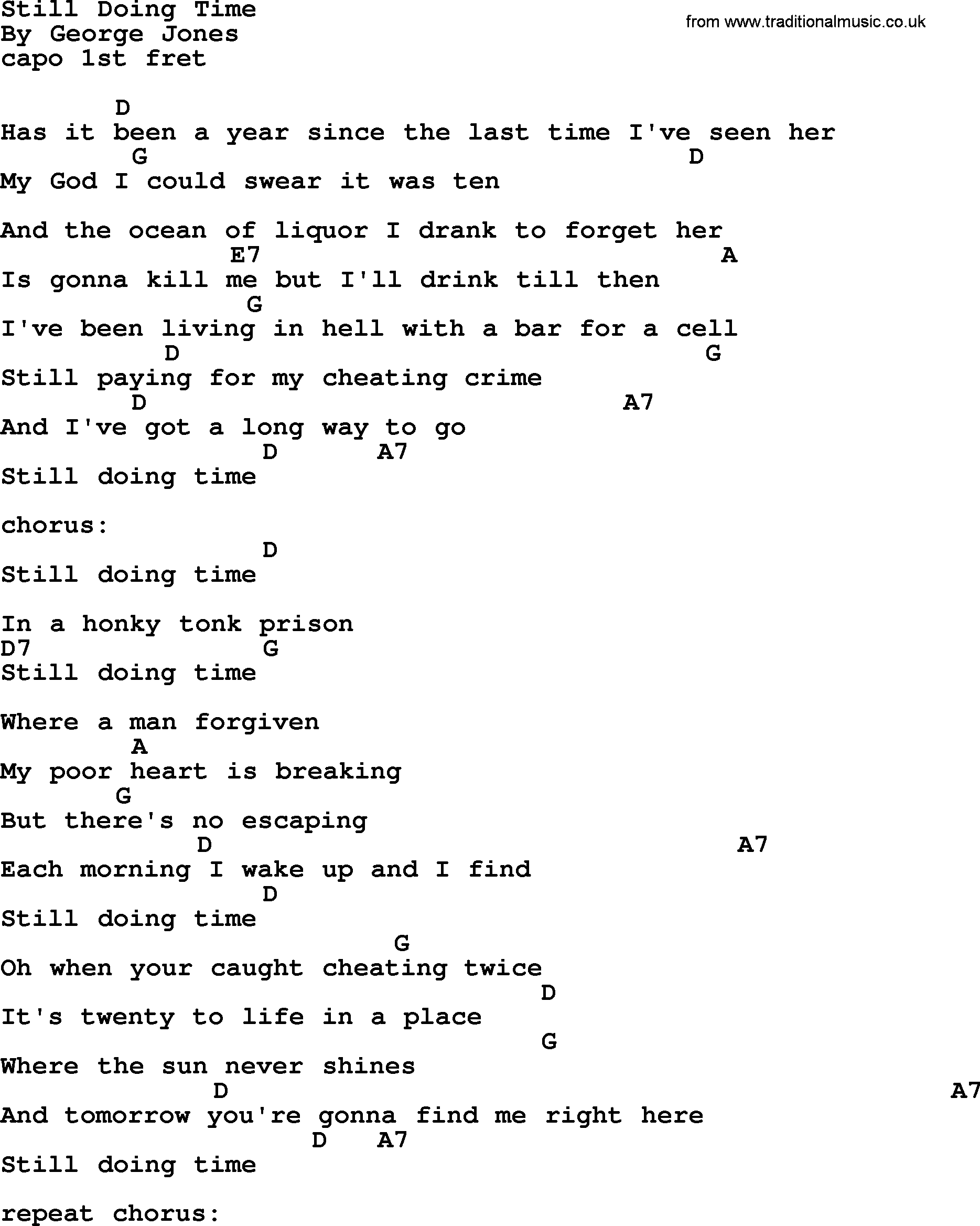 George Jones song: Still Doing Time, lyrics and chords