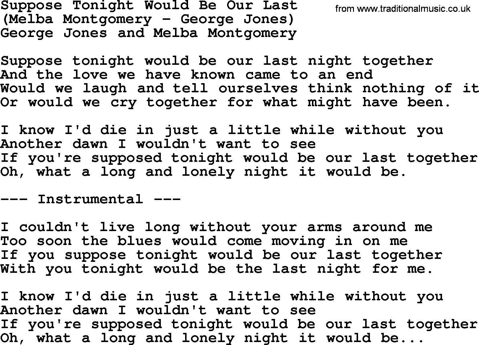 George Jones song: Suppose Tonight Would Be Our Last, lyrics