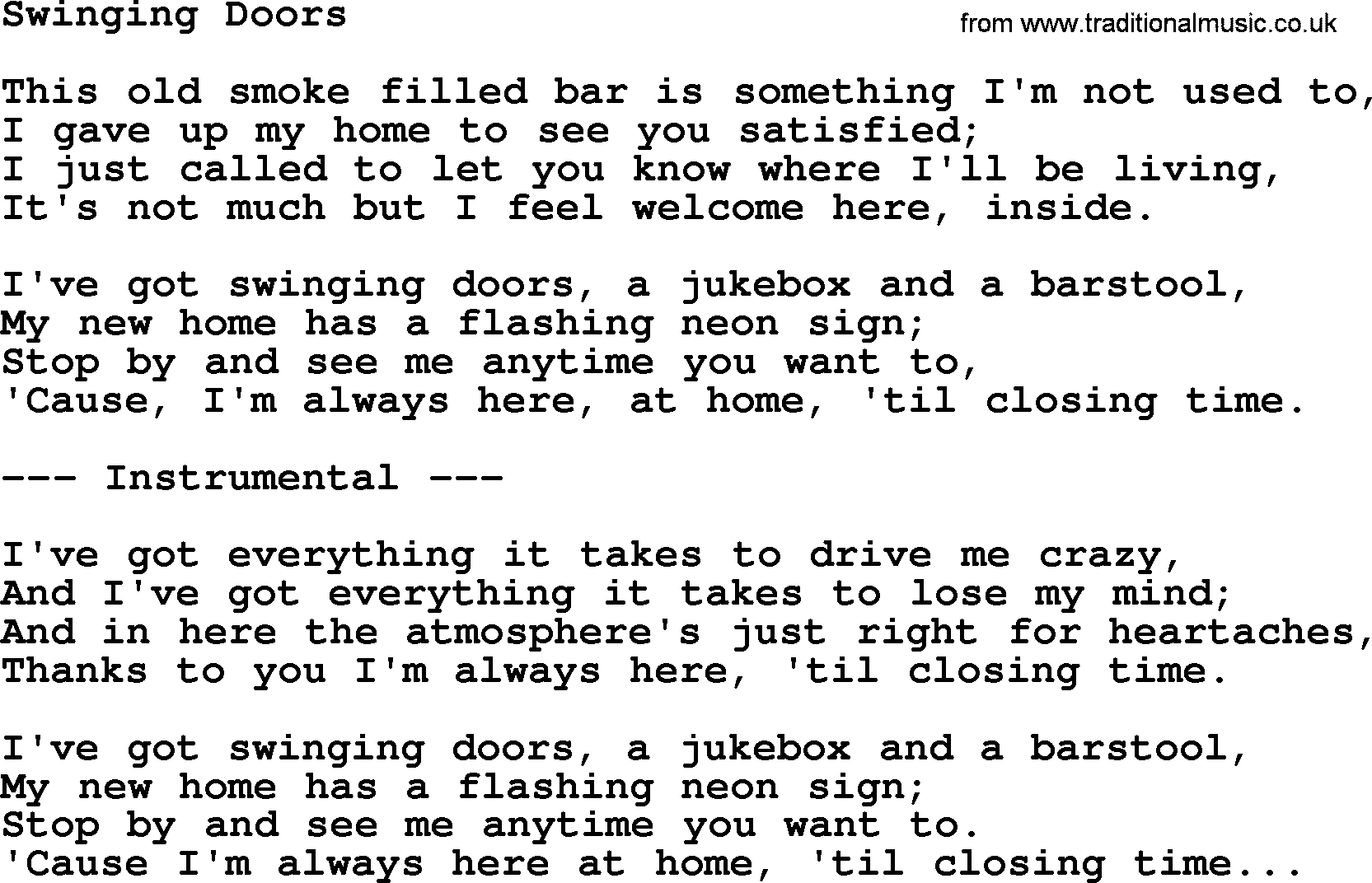 George Jones song: Swinging Doors, lyrics
