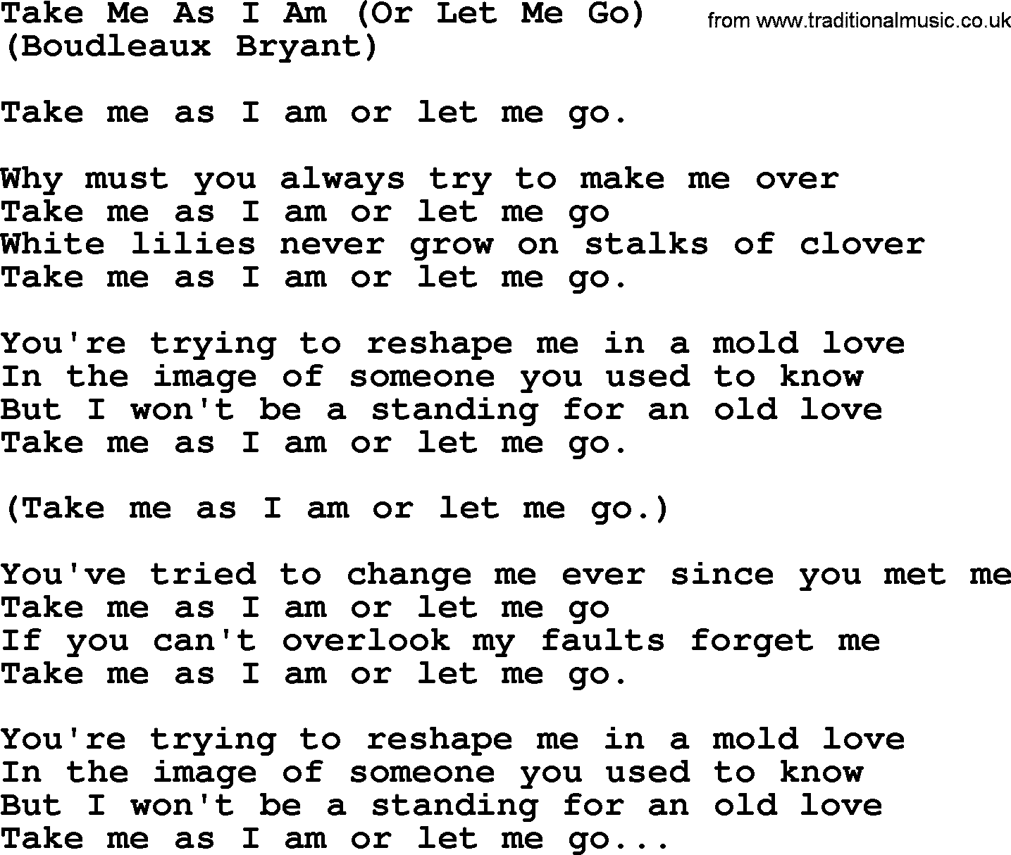George Jones song: Take Me As I Am (or Let Me Go), lyrics