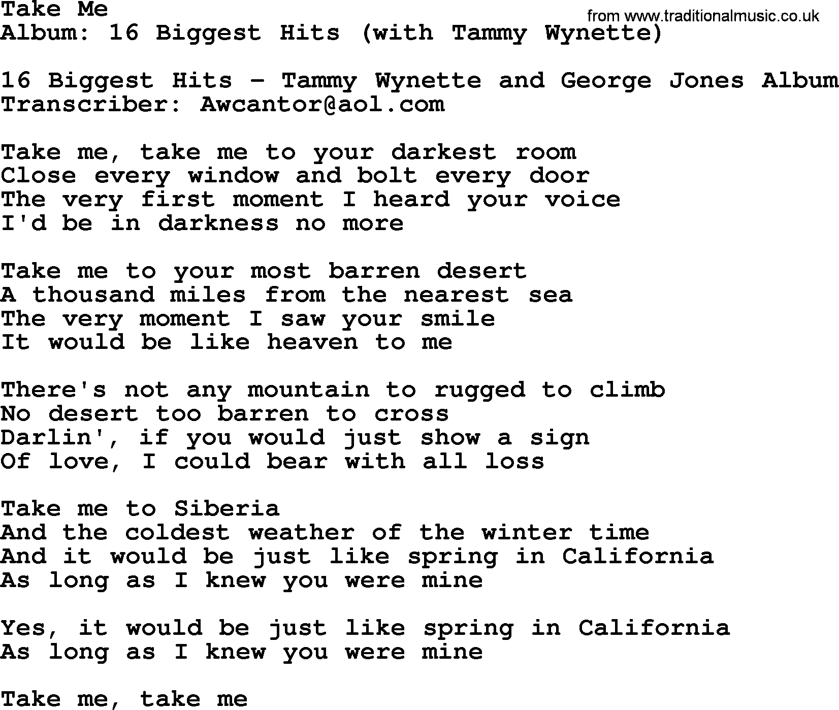 George Jones song: Take Me, lyrics