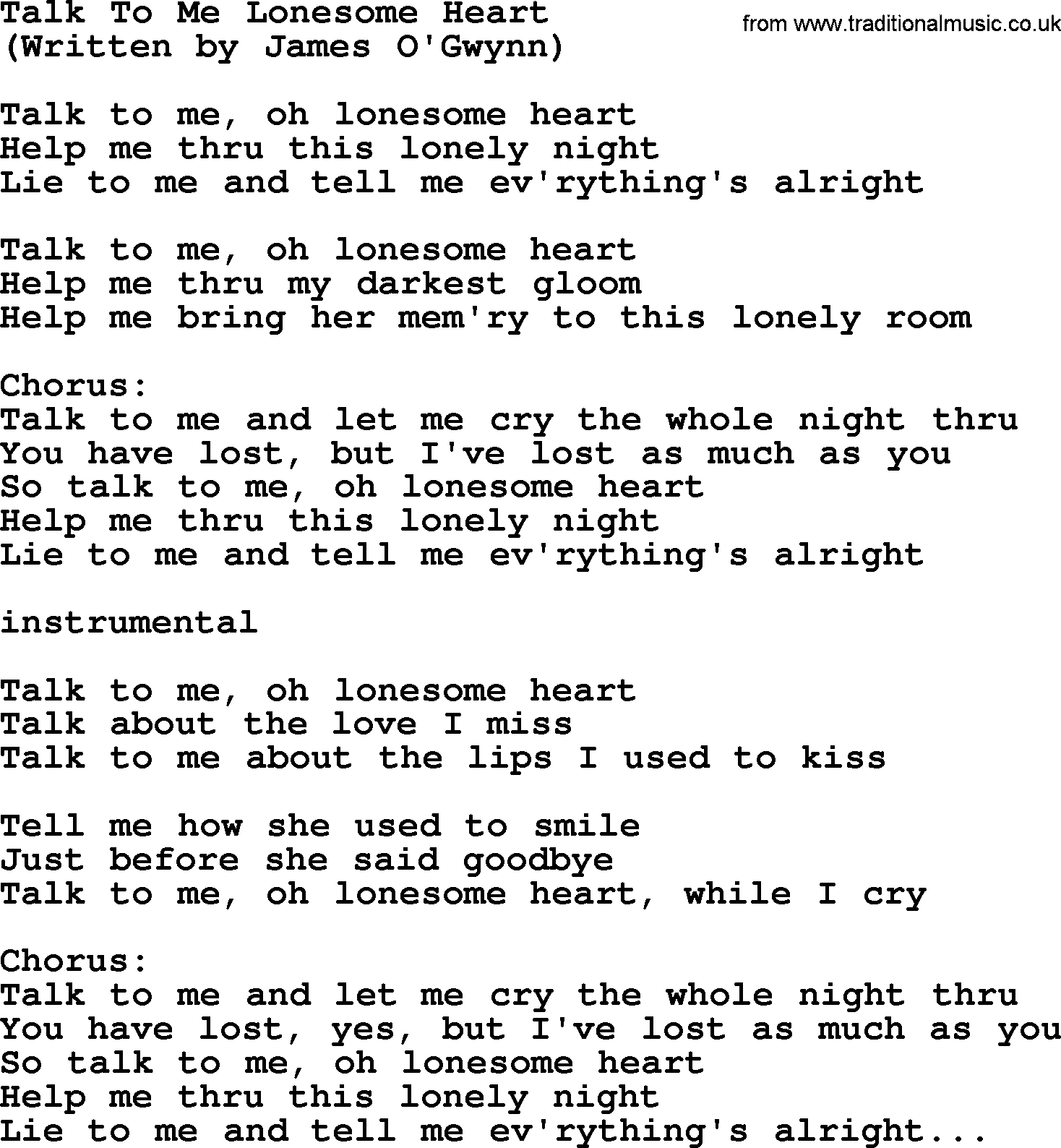 George Jones song: Talk To Me Lonesome Heart, lyrics
