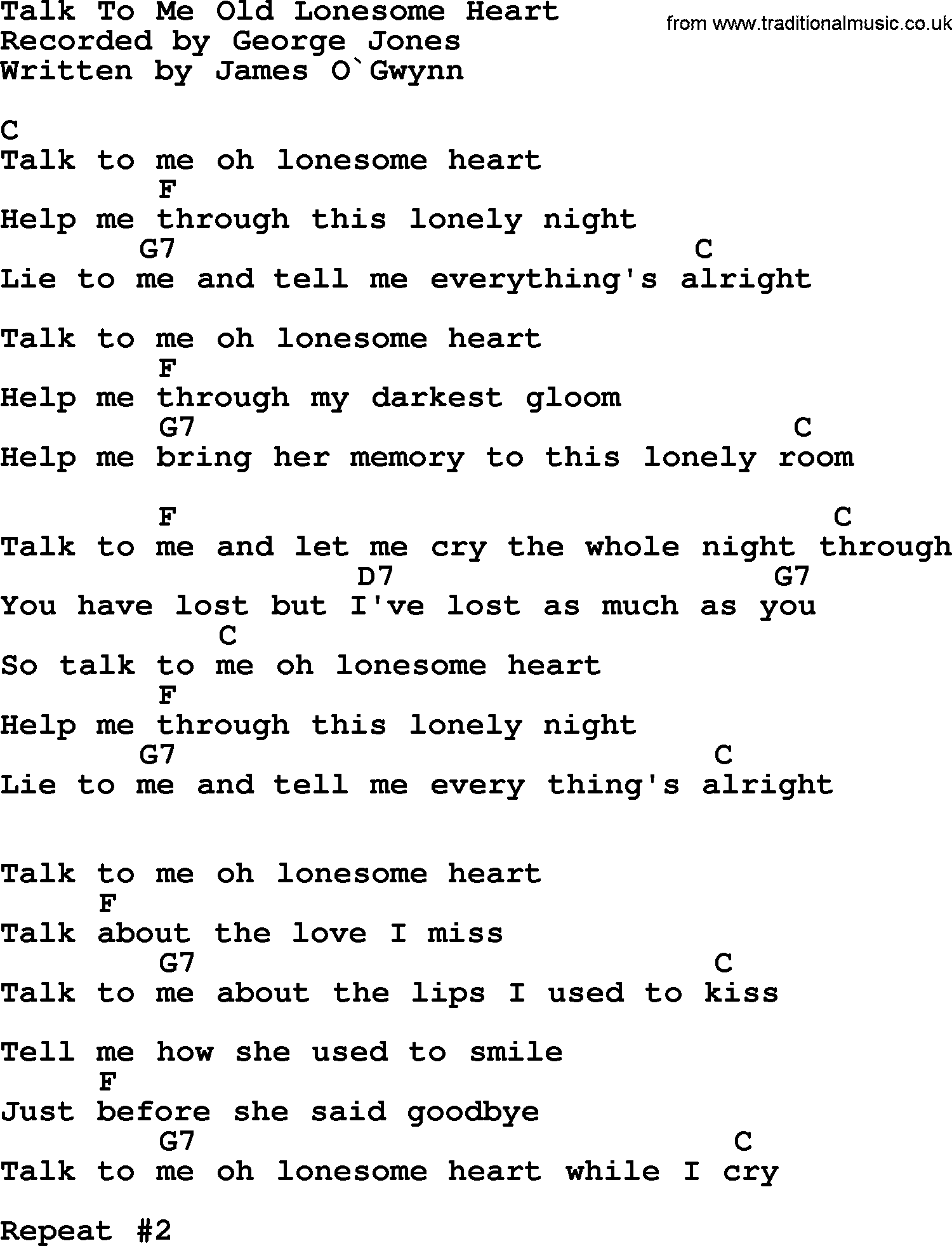 George Jones song: Talk To Me Old Lonesome Heart, lyrics and chords