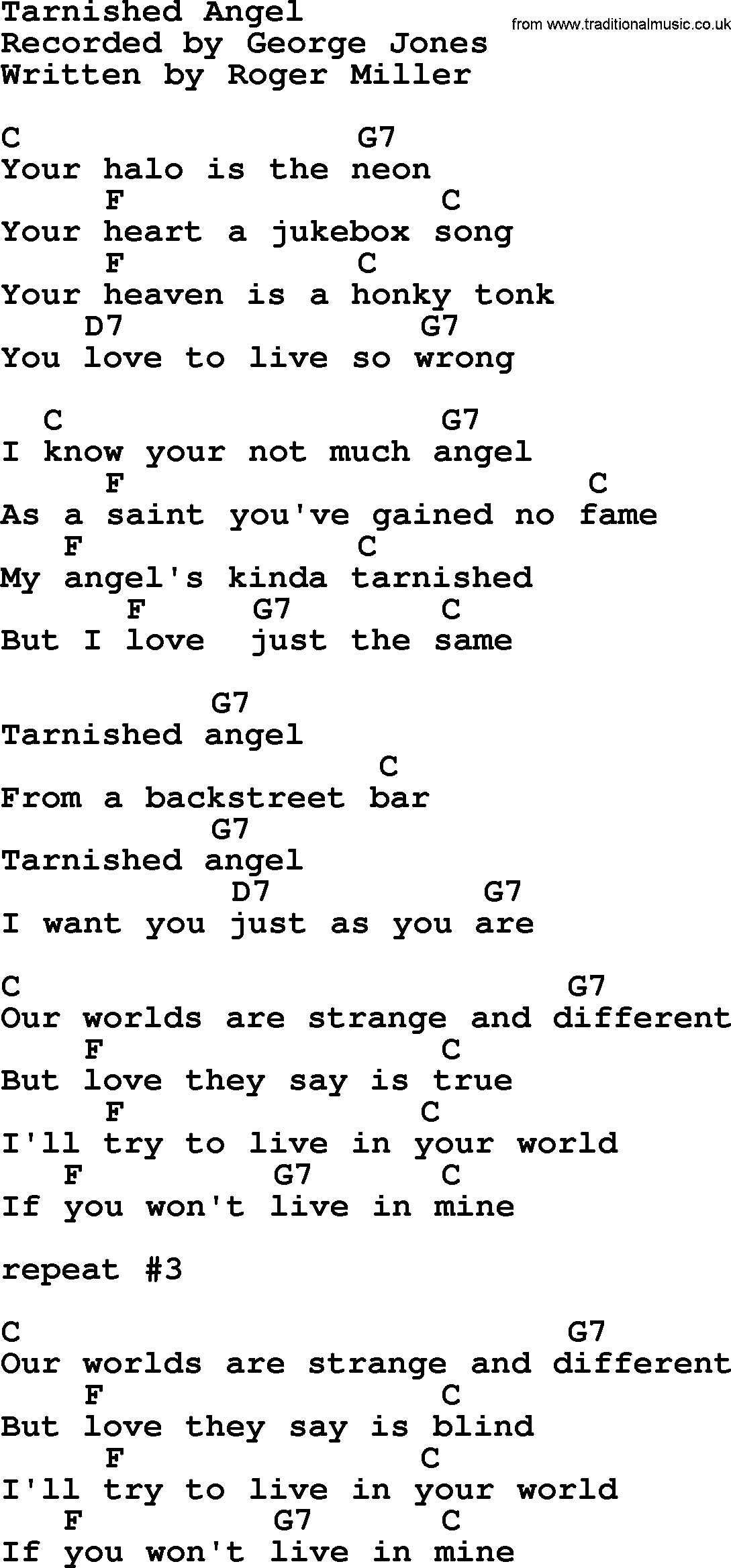 George Jones song: Tarnished Angel, lyrics and chords