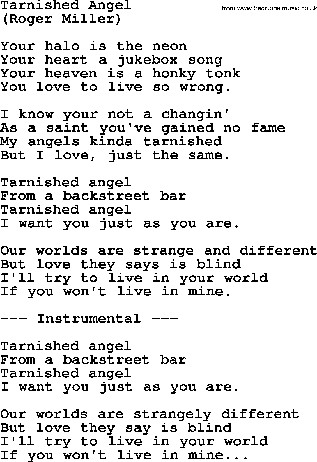 George Jones song: Tarnished Angel, lyrics