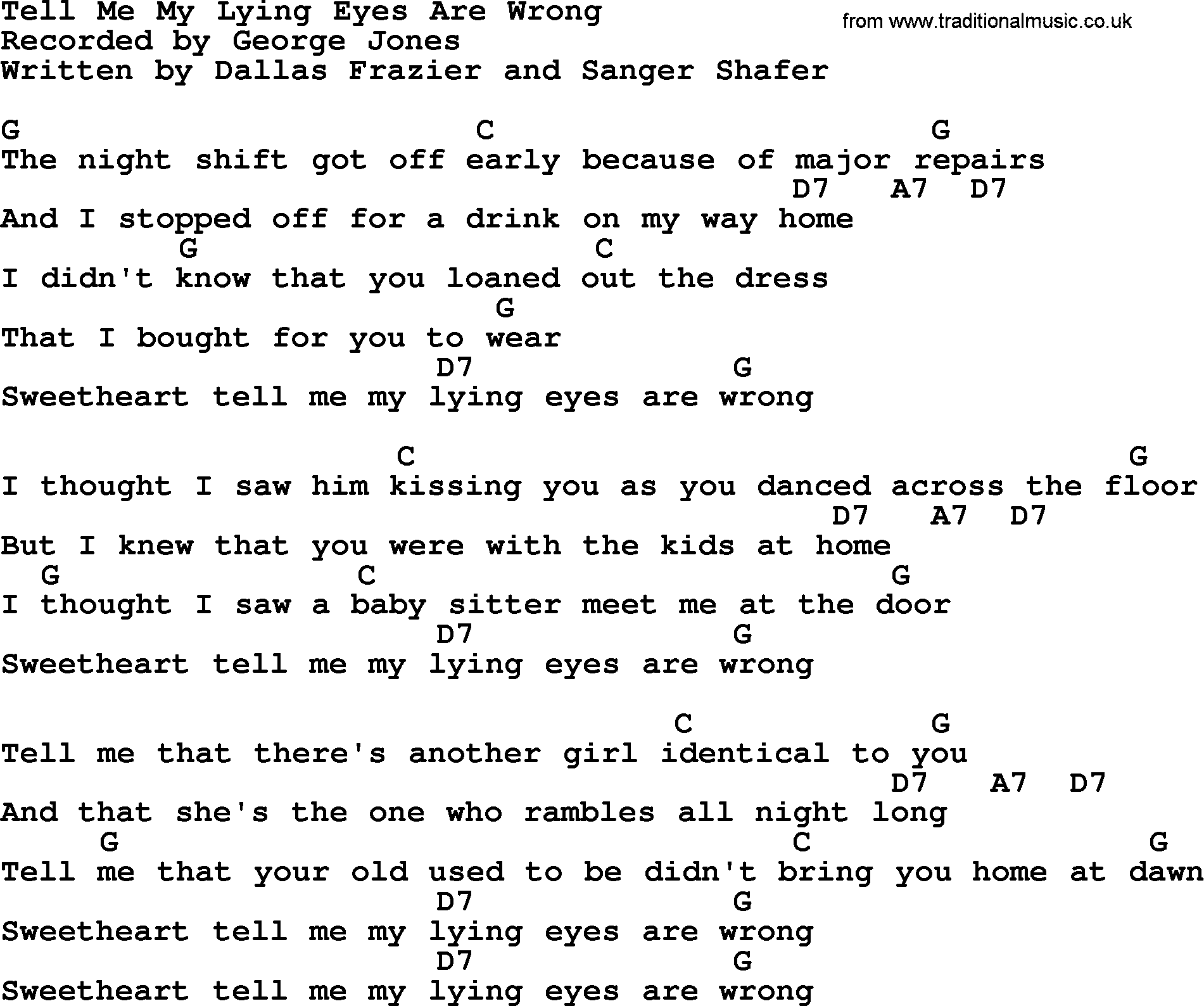 George Jones song: Tell Me My Lying Eyes Are Wrong, lyrics and chords