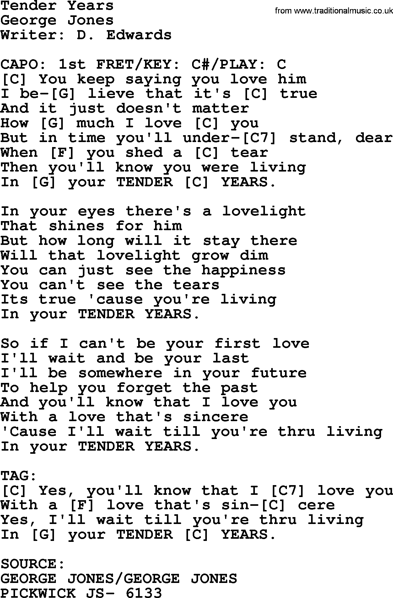 George Jones song: Tender Years, lyrics and chords