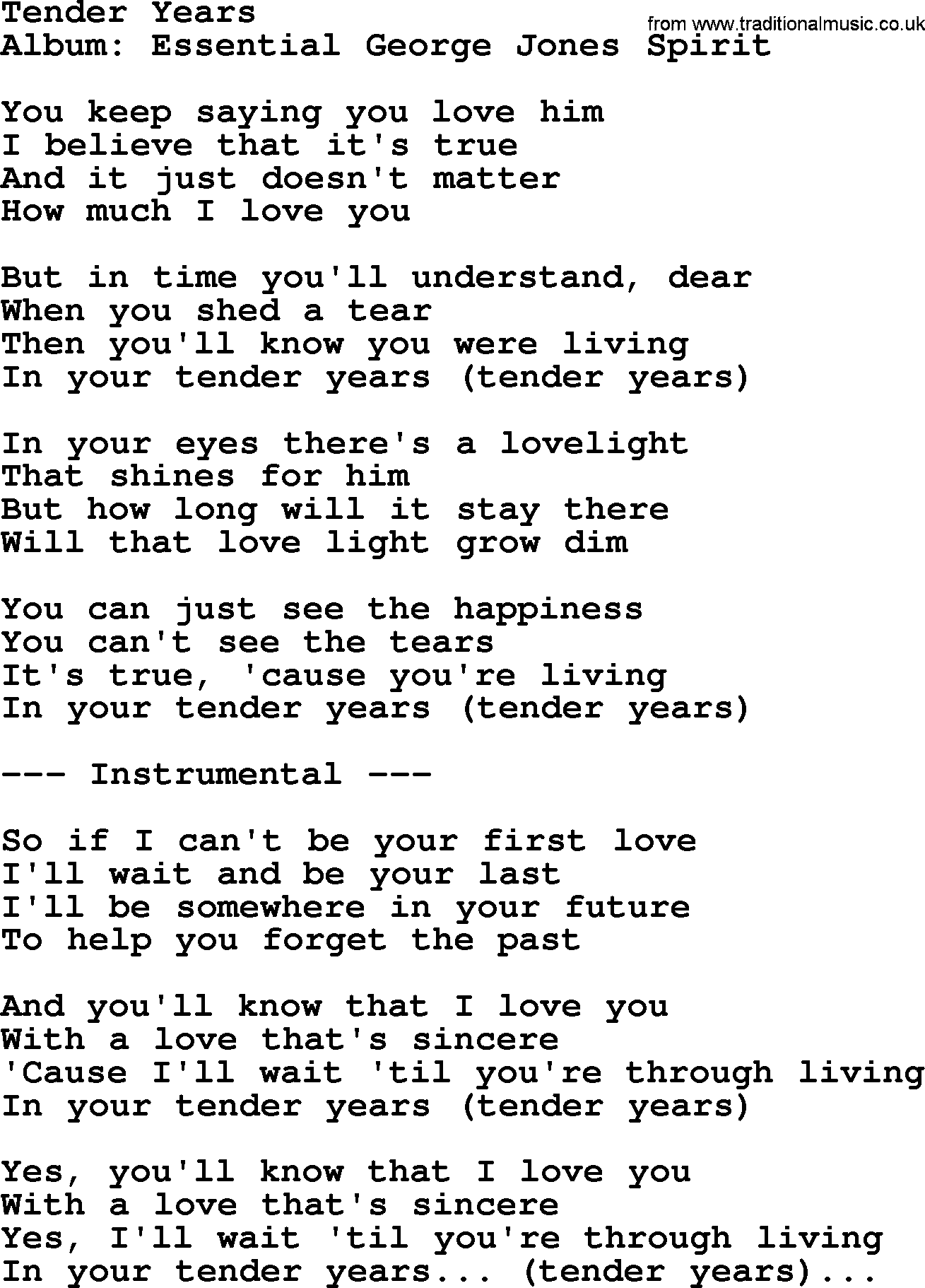 George Jones song: Tender Years, lyrics