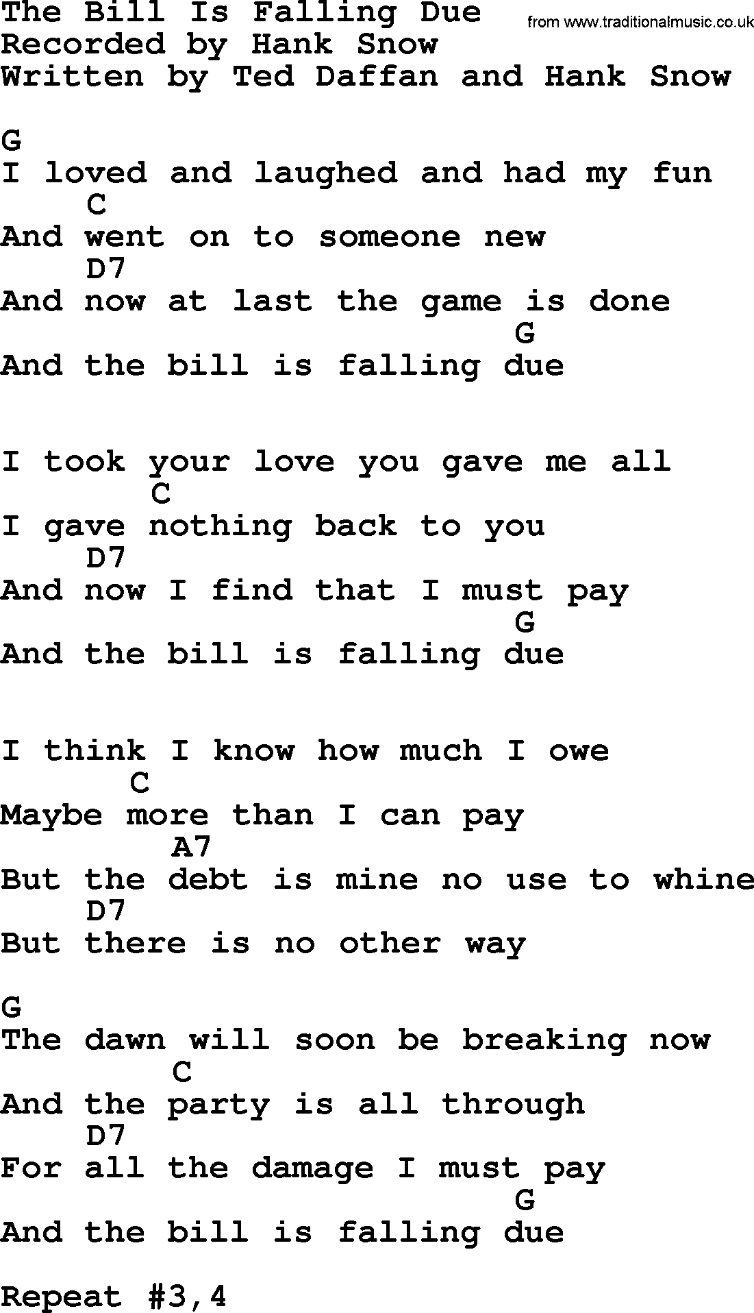 George Jones song: The Bill Is Falling Due, lyrics and chords
