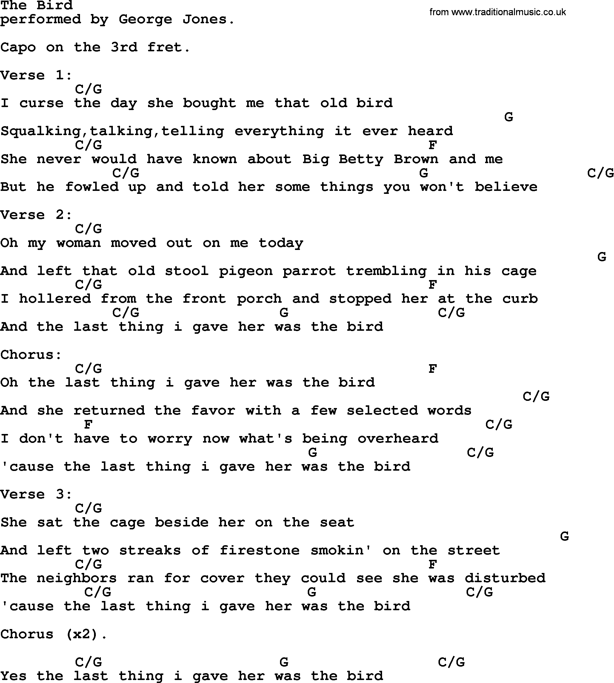 George Jones song: The Bird, lyrics and chords