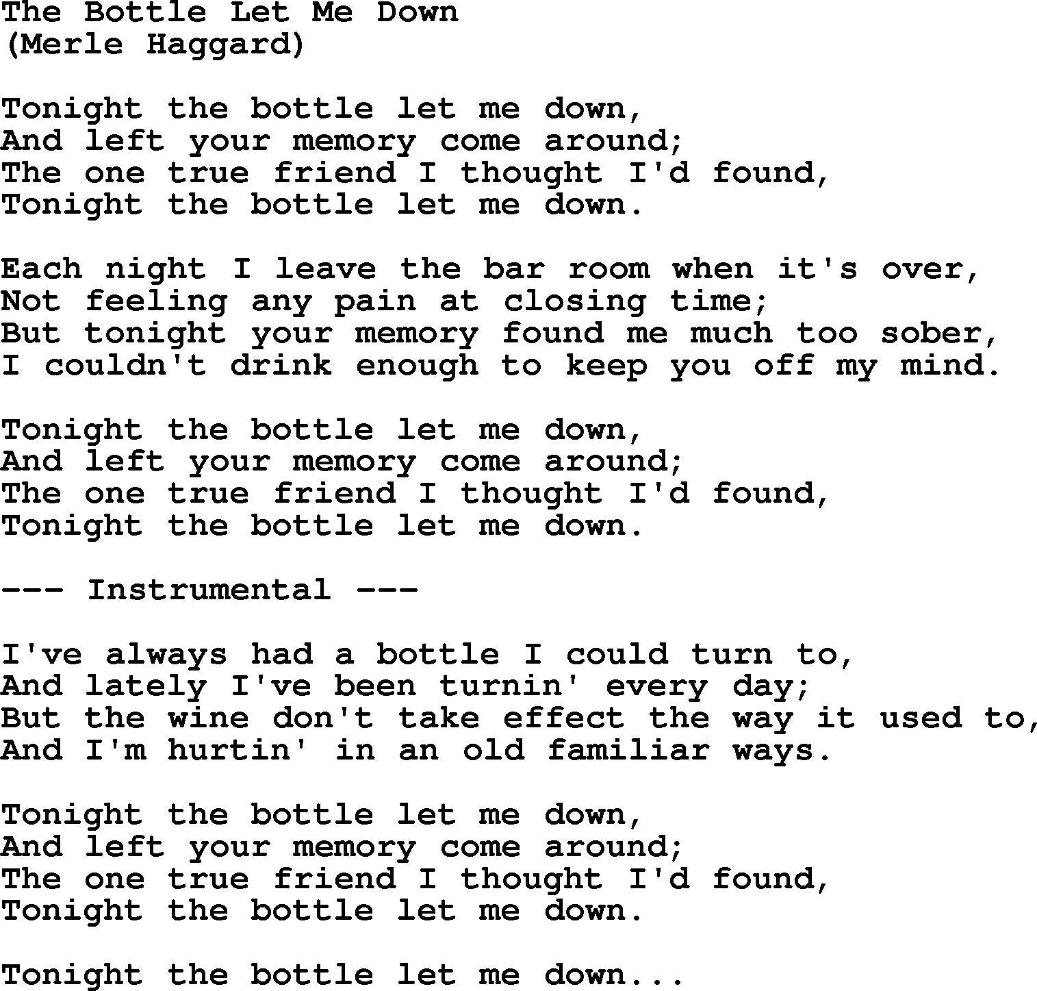 George Jones song: The Bottle Let Me Down, lyrics