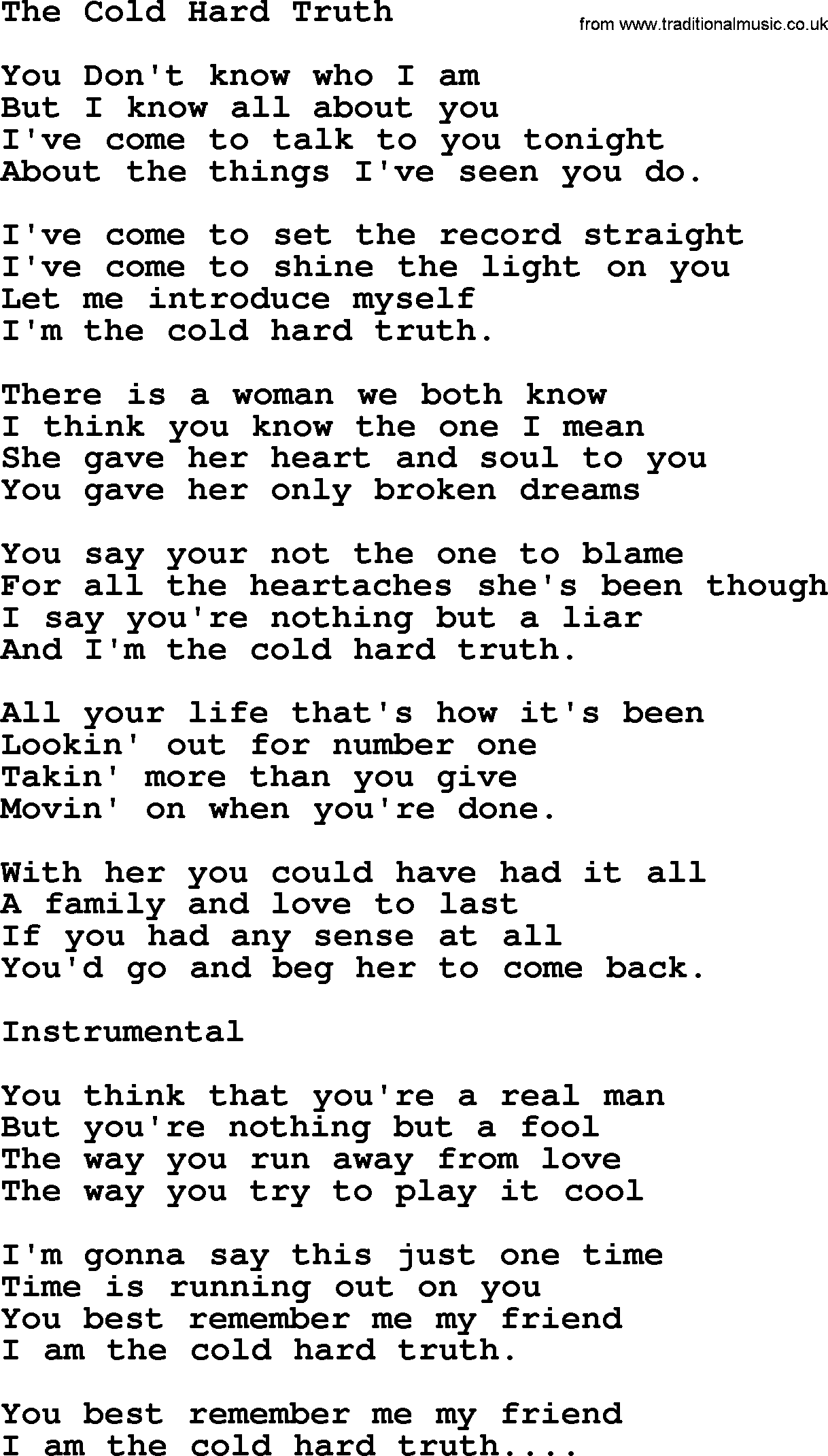 George Jones song: The Cold Hard Truth, lyrics