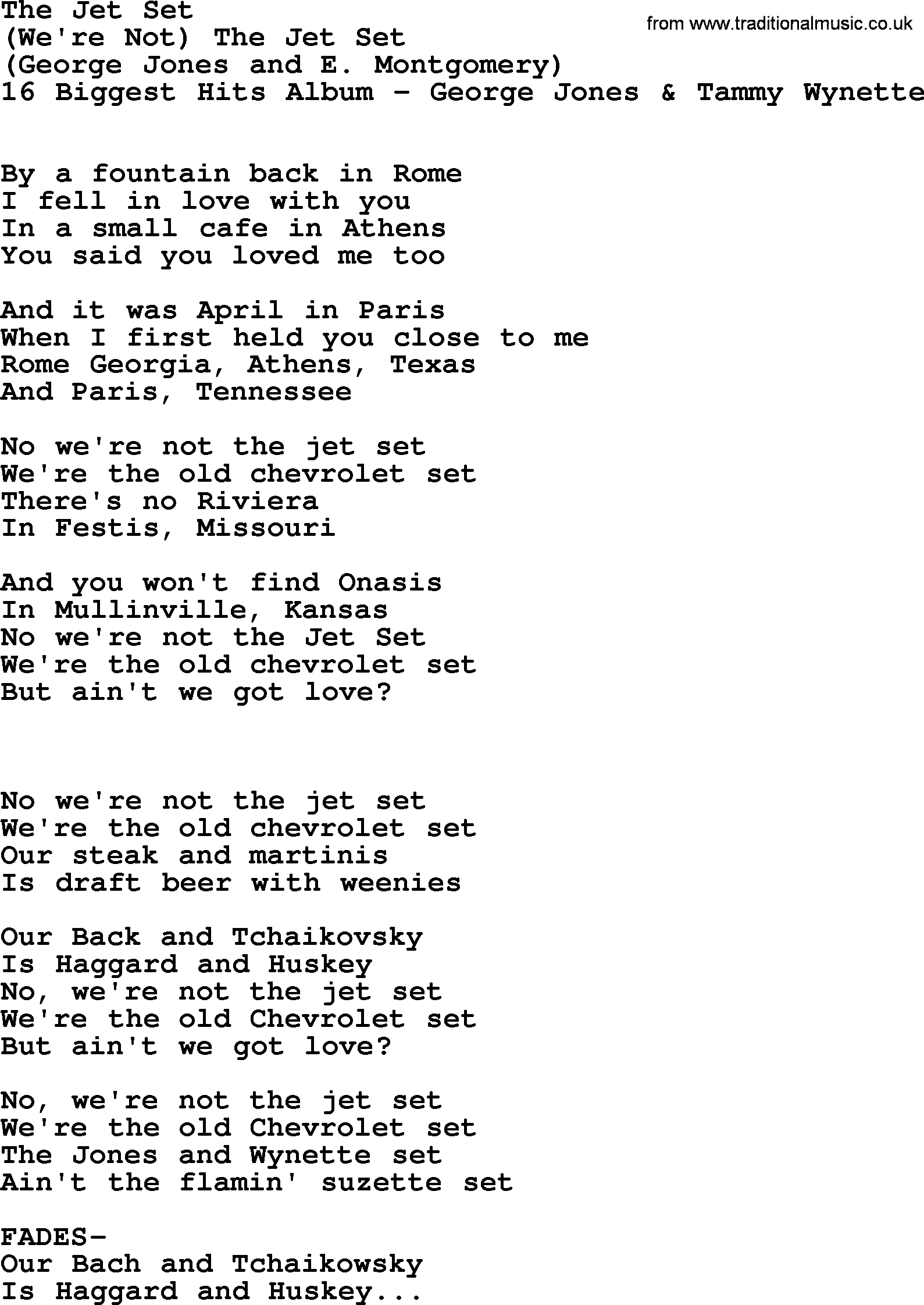 George Jones song: The Jet Set, lyrics and chords