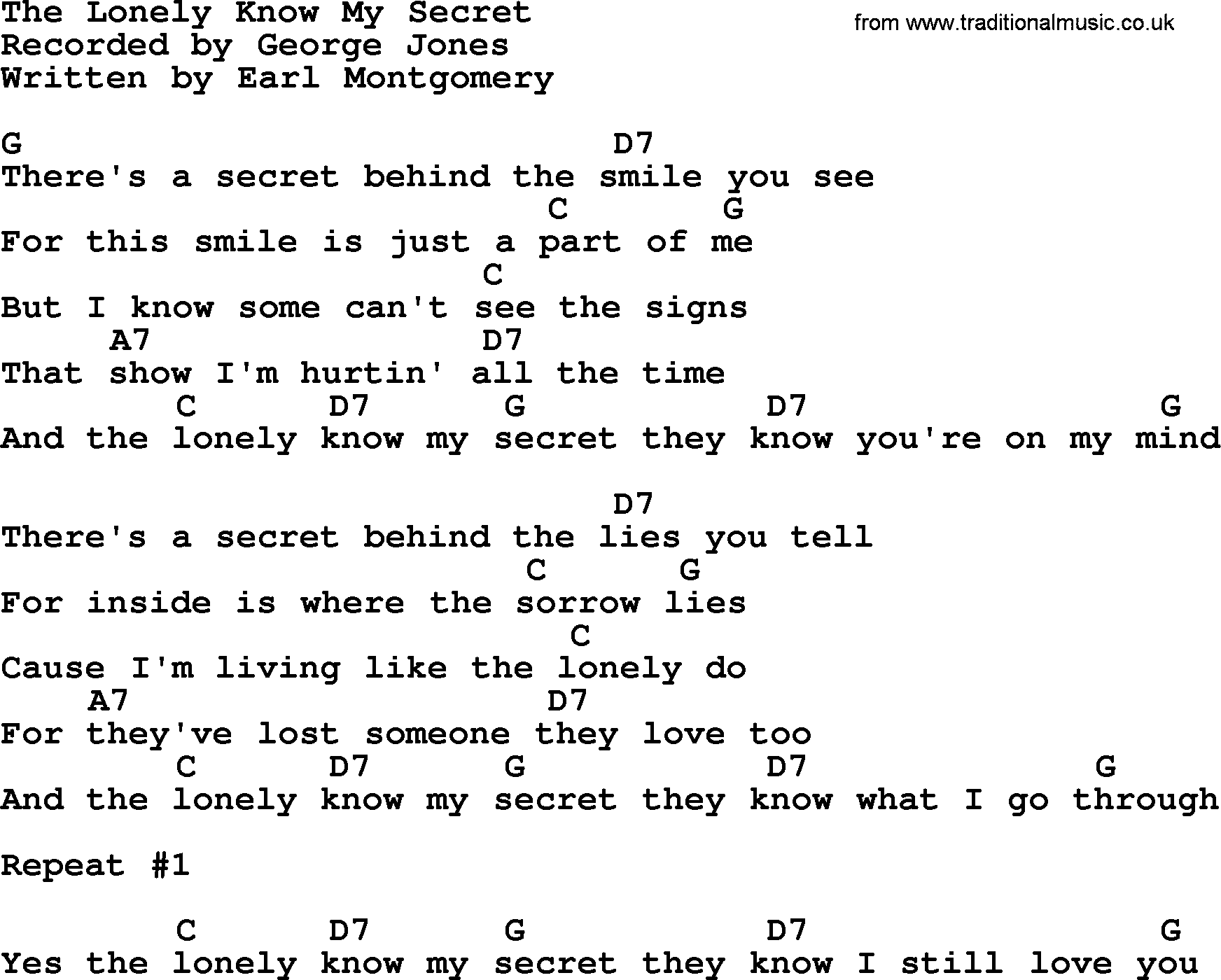 George Jones song: The Lonely Know My Secret, lyrics and chords