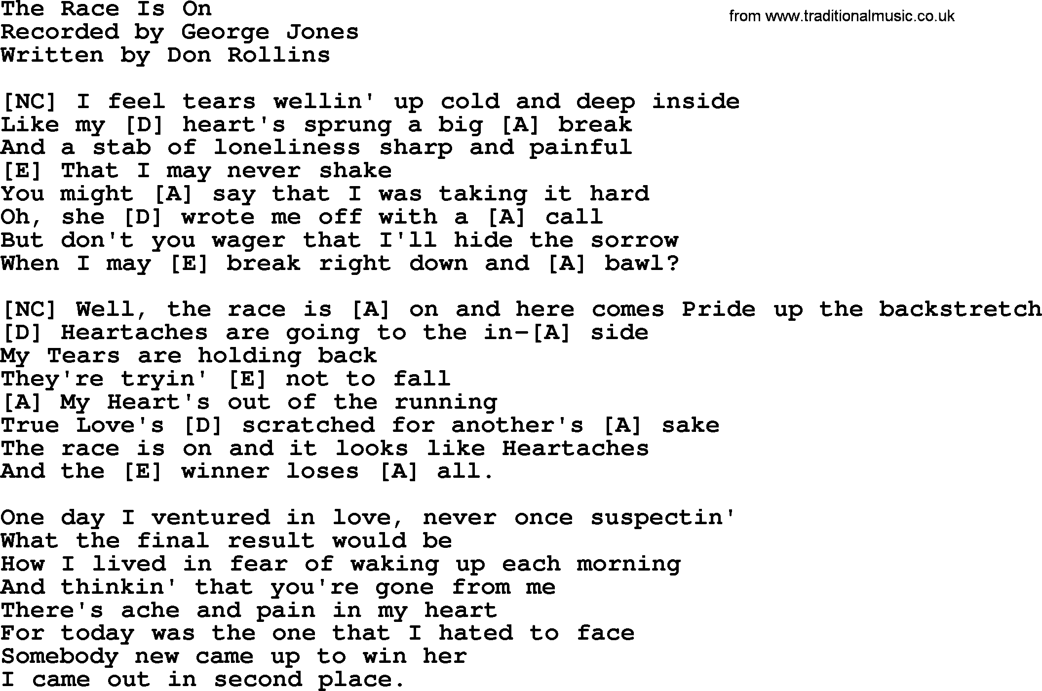 George Jones song: The Race Is On, lyrics and chords