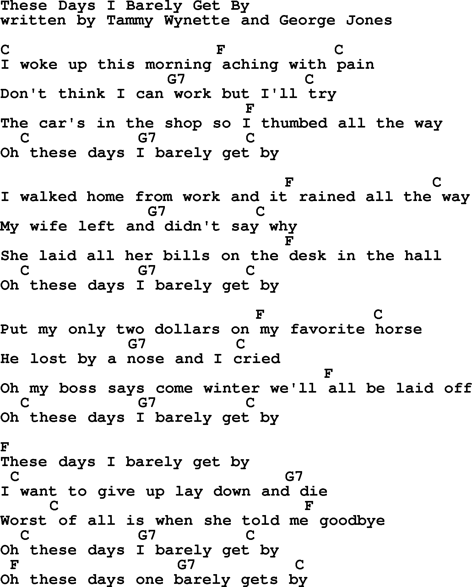 George Jones song: These Days I Barely Get By, lyrics and chords