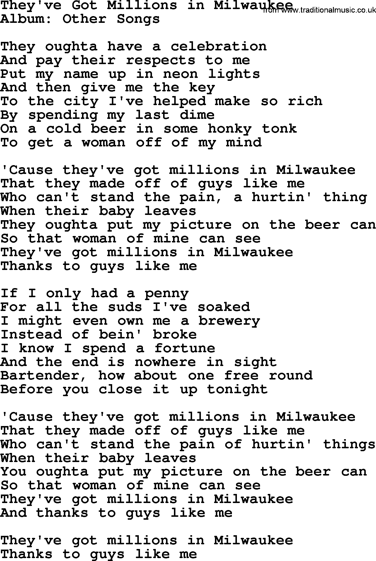 George Jones song: They've Got Millions In Milwaukee, lyrics